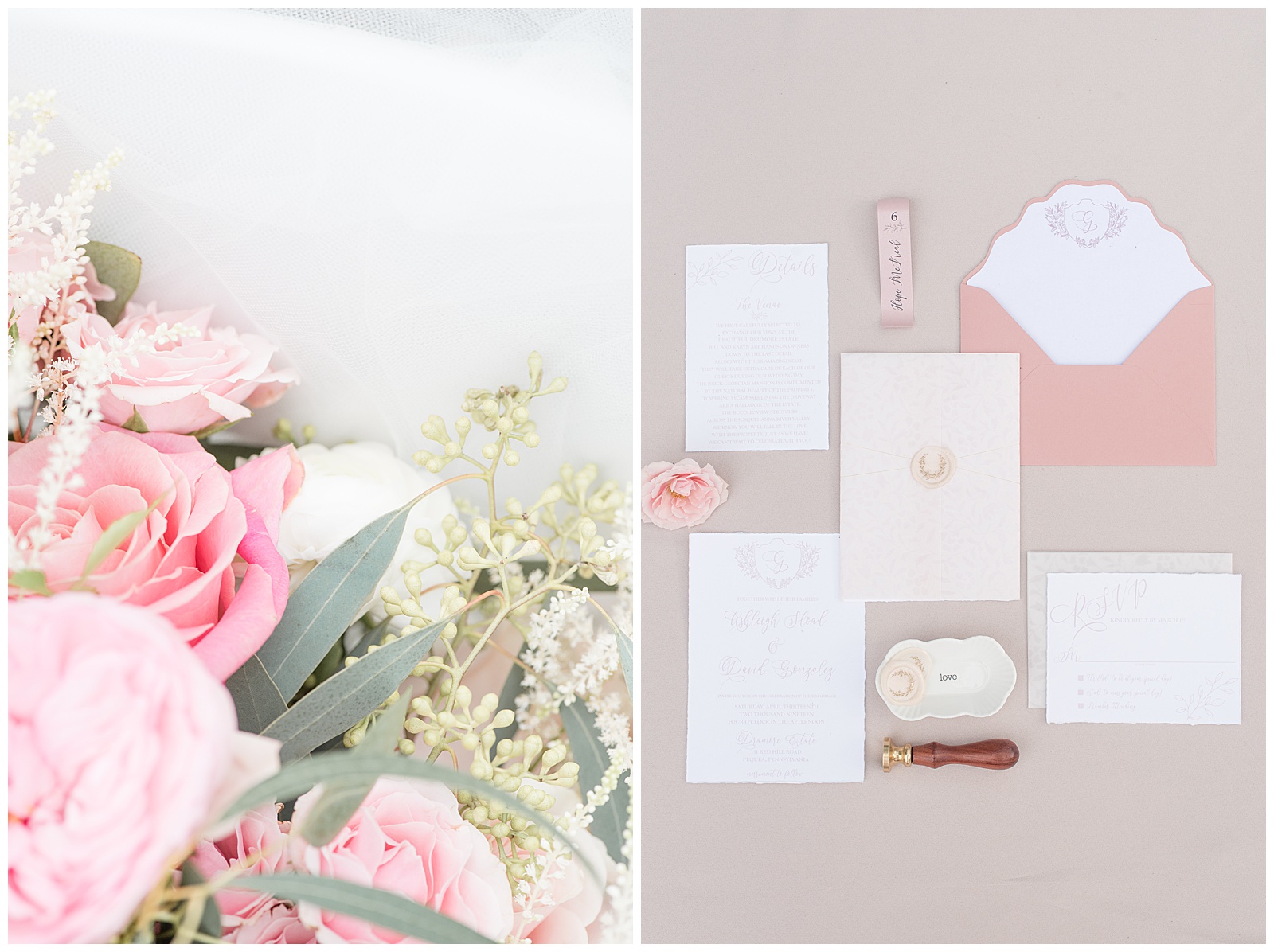 pink wedding florals and invitation suite
