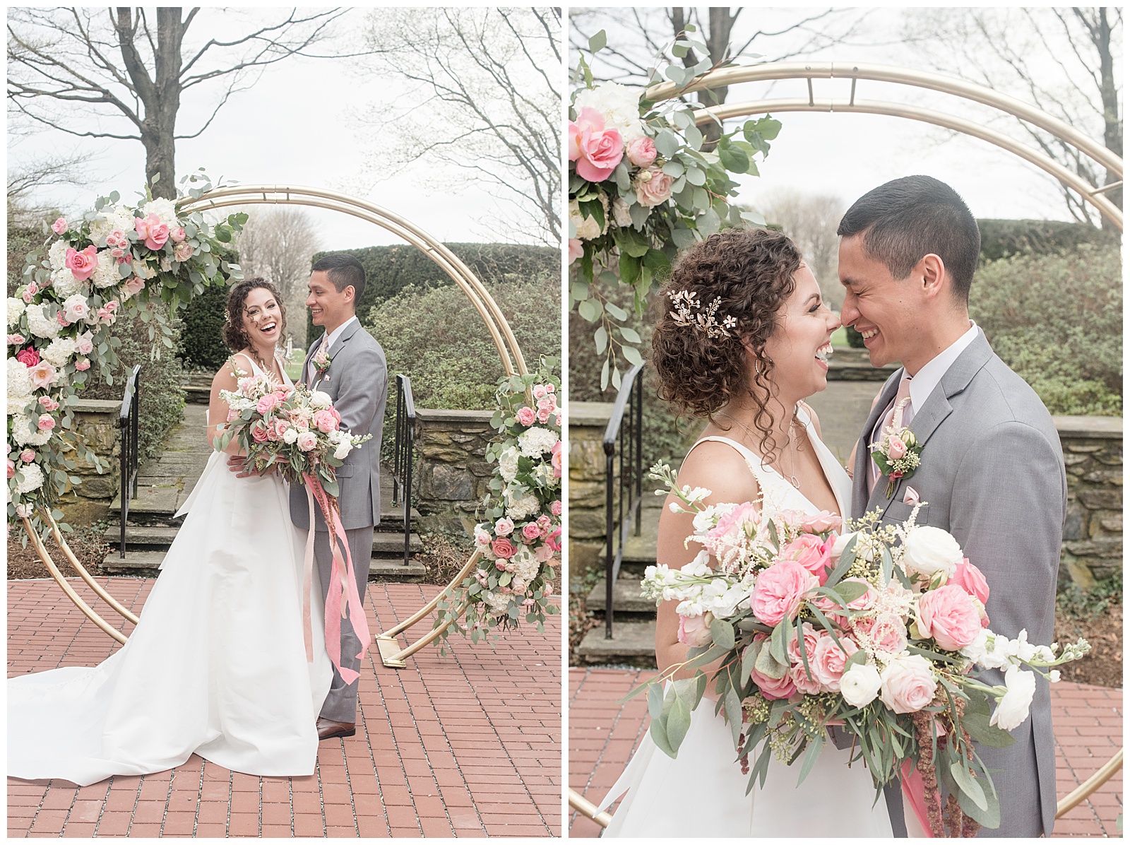bride and groom in front of circle arch with pink florals