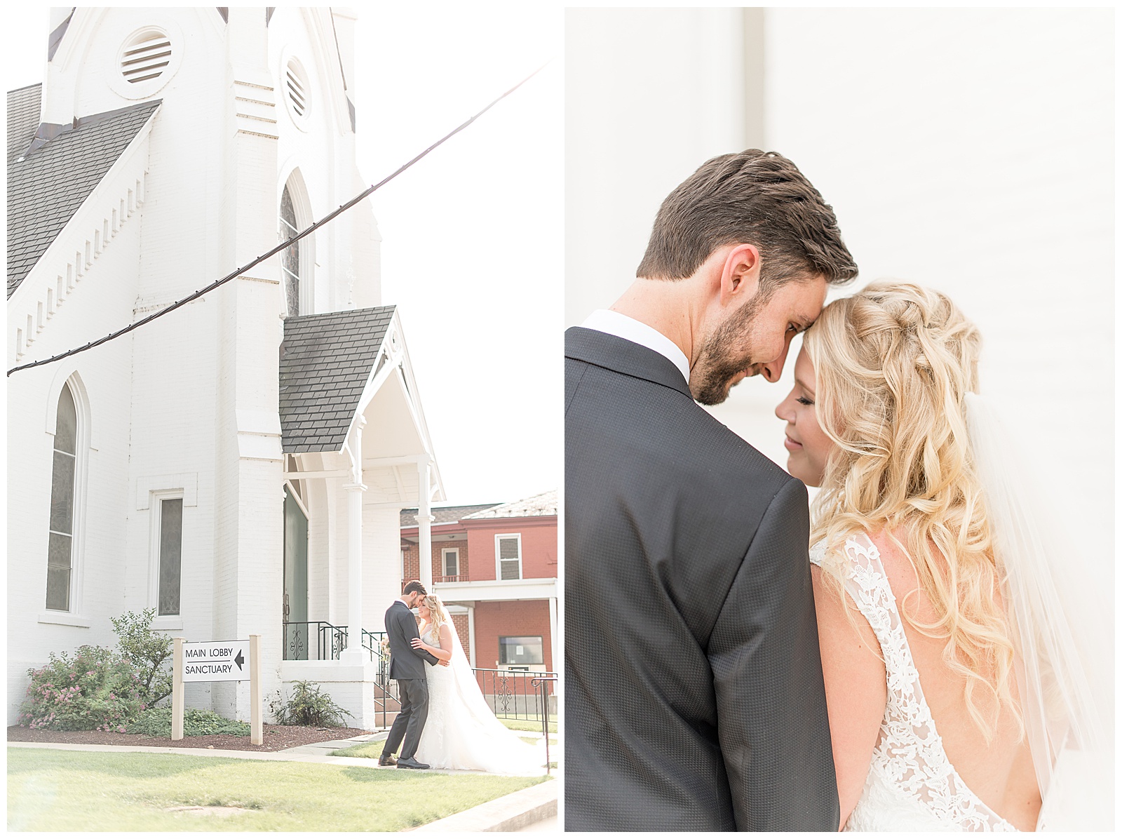 bride and groom in front of white church