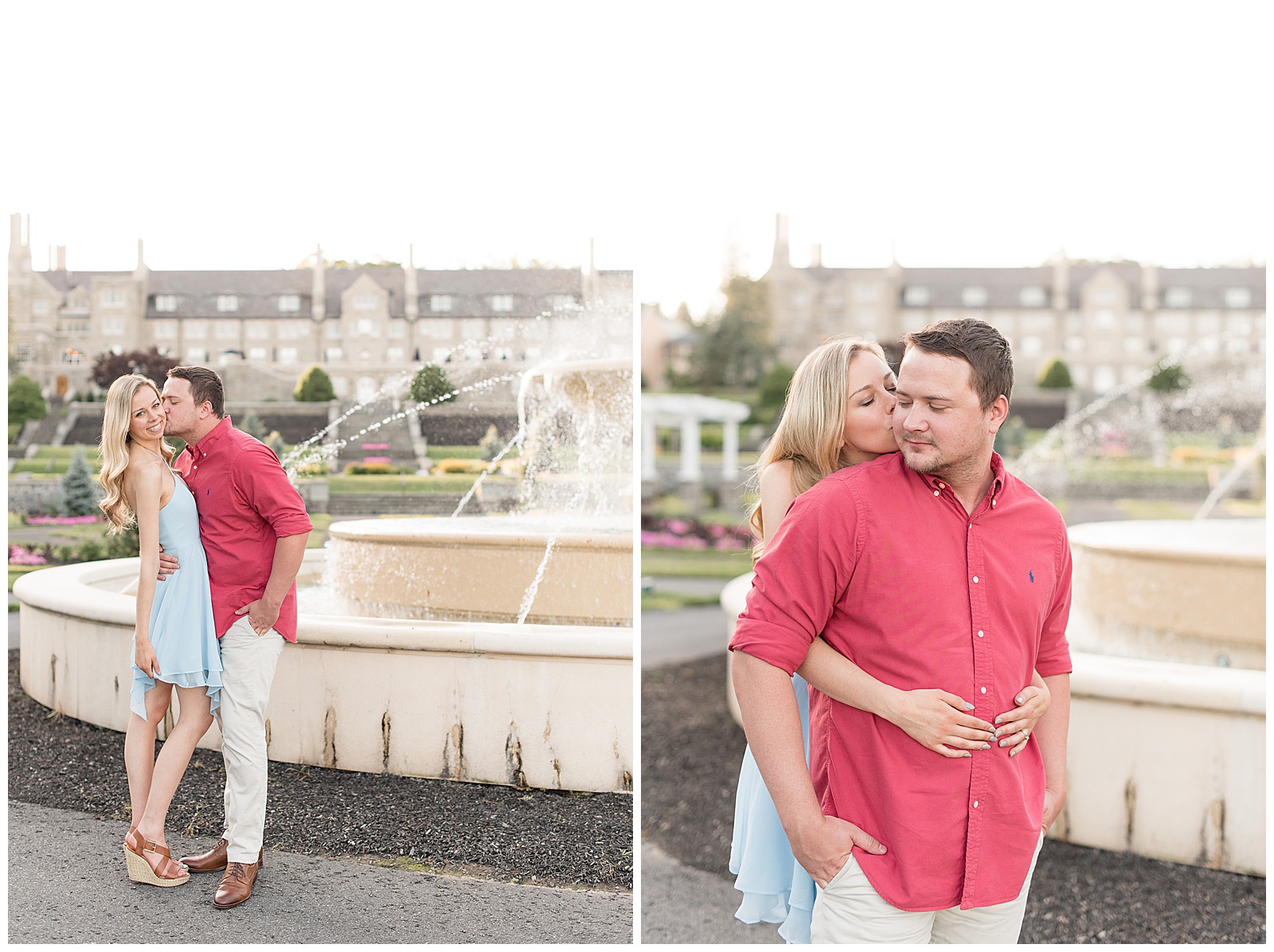 couple standing in front of fountain arms wrapped around each other