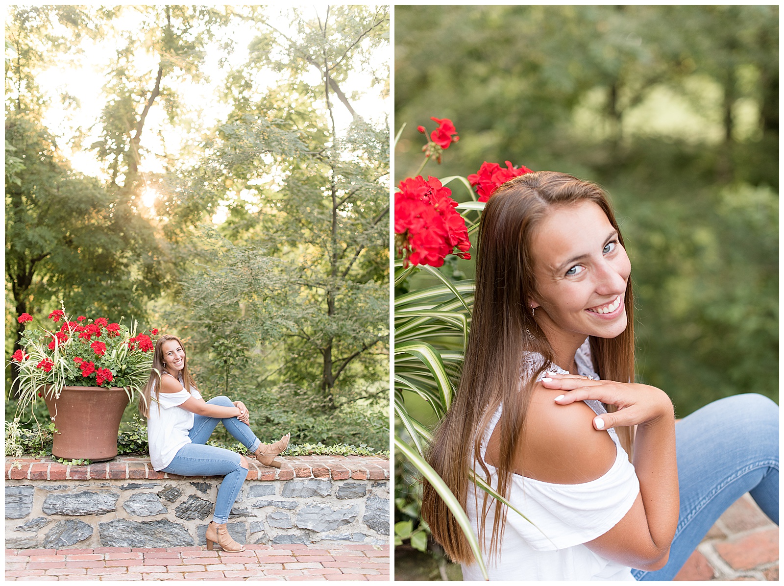 senior sitting on stone wall leaning against pot of red flowers