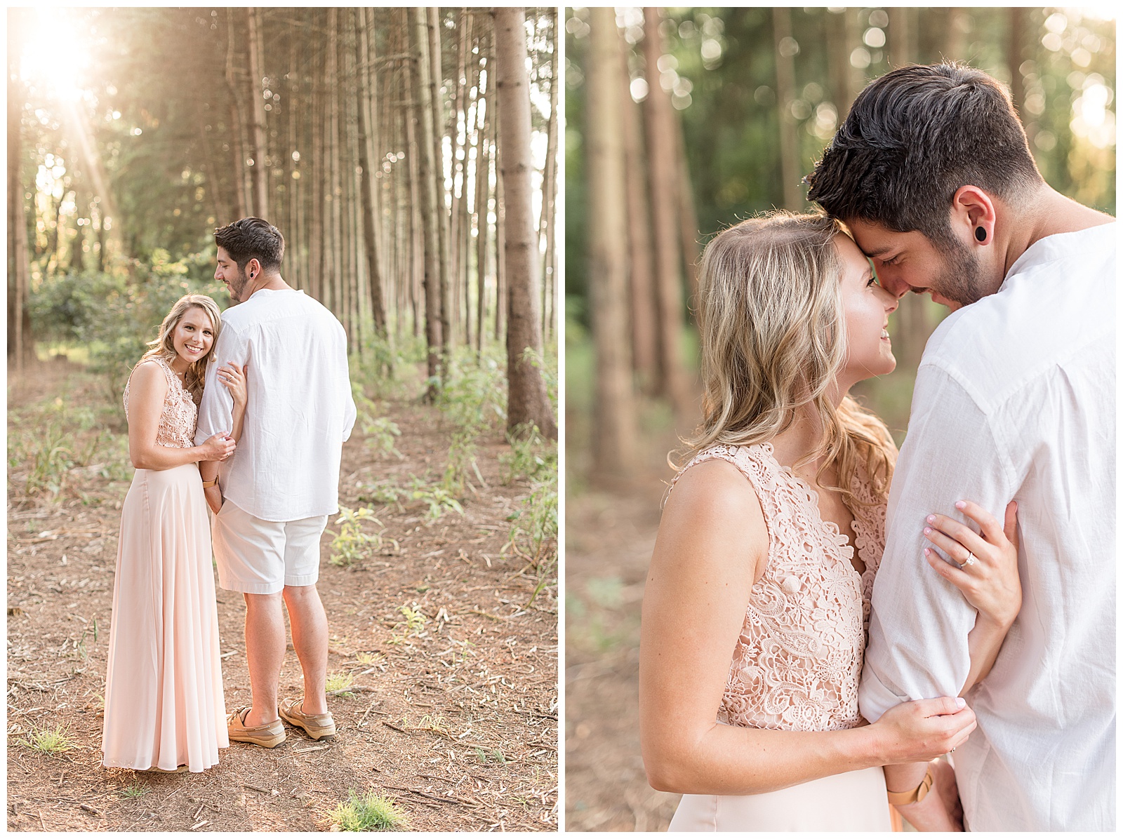 couple looking at each other with foreheads touching in the middle of pine trees