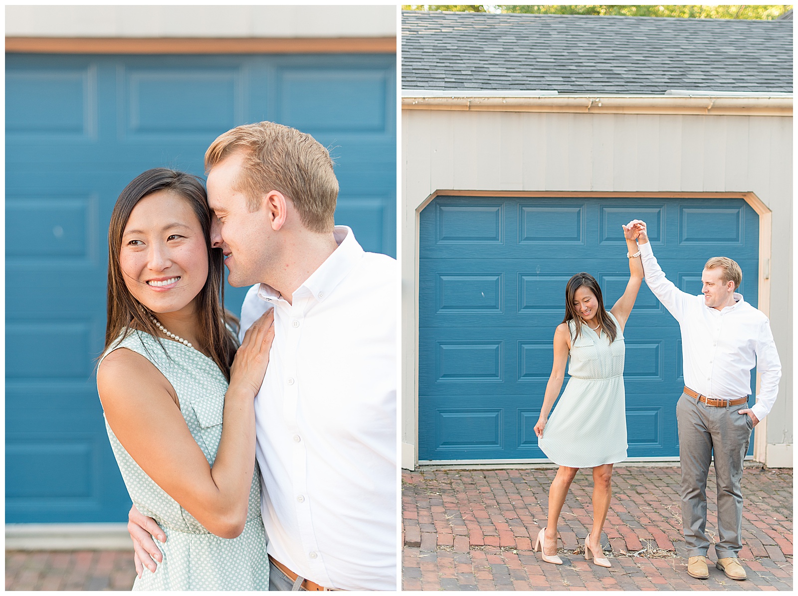 couple twirling in front of blue garage door at Old Trinity Place in Lancaster City