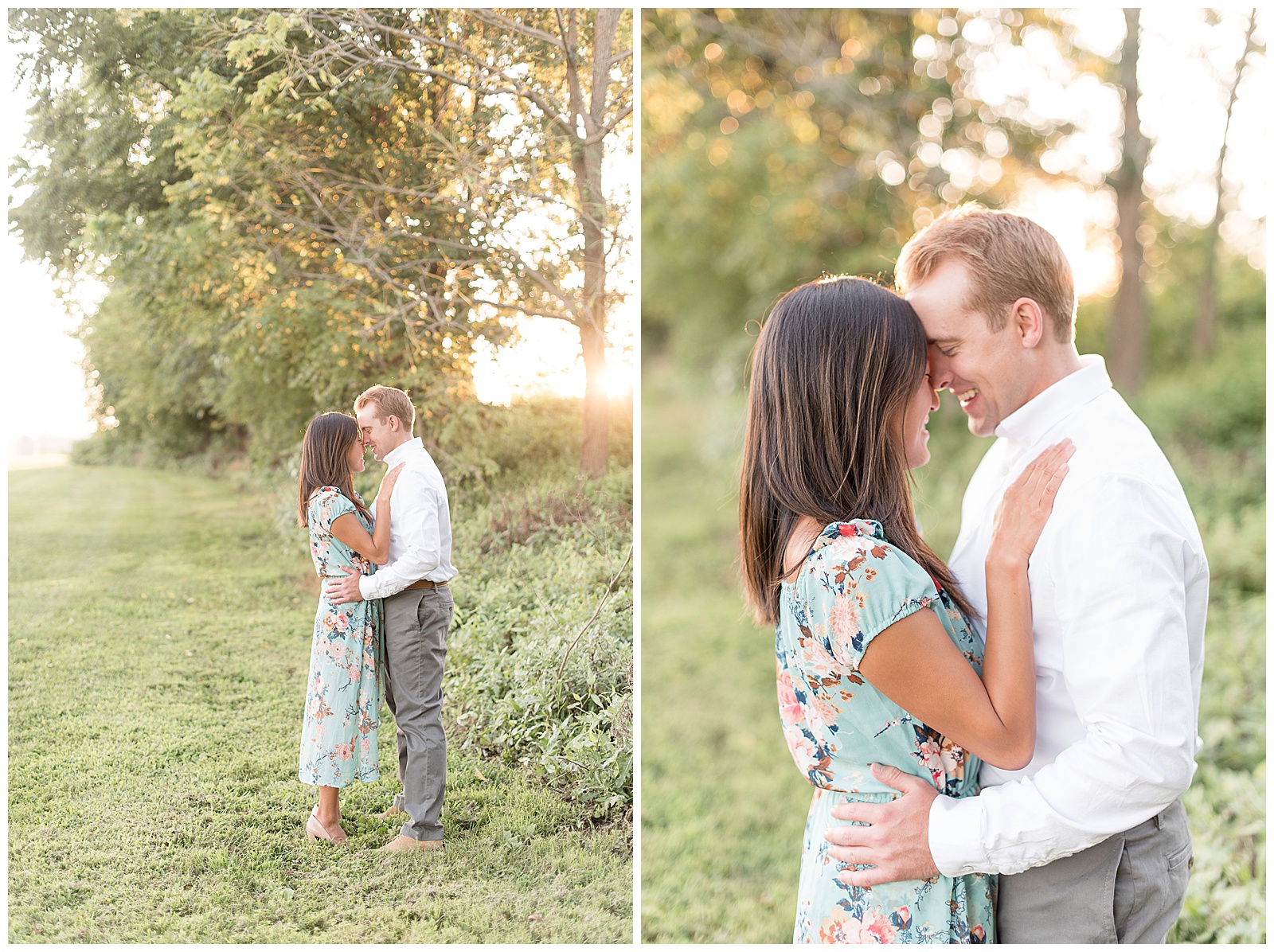 couple forehead to forehead with golden light shining through trees behind