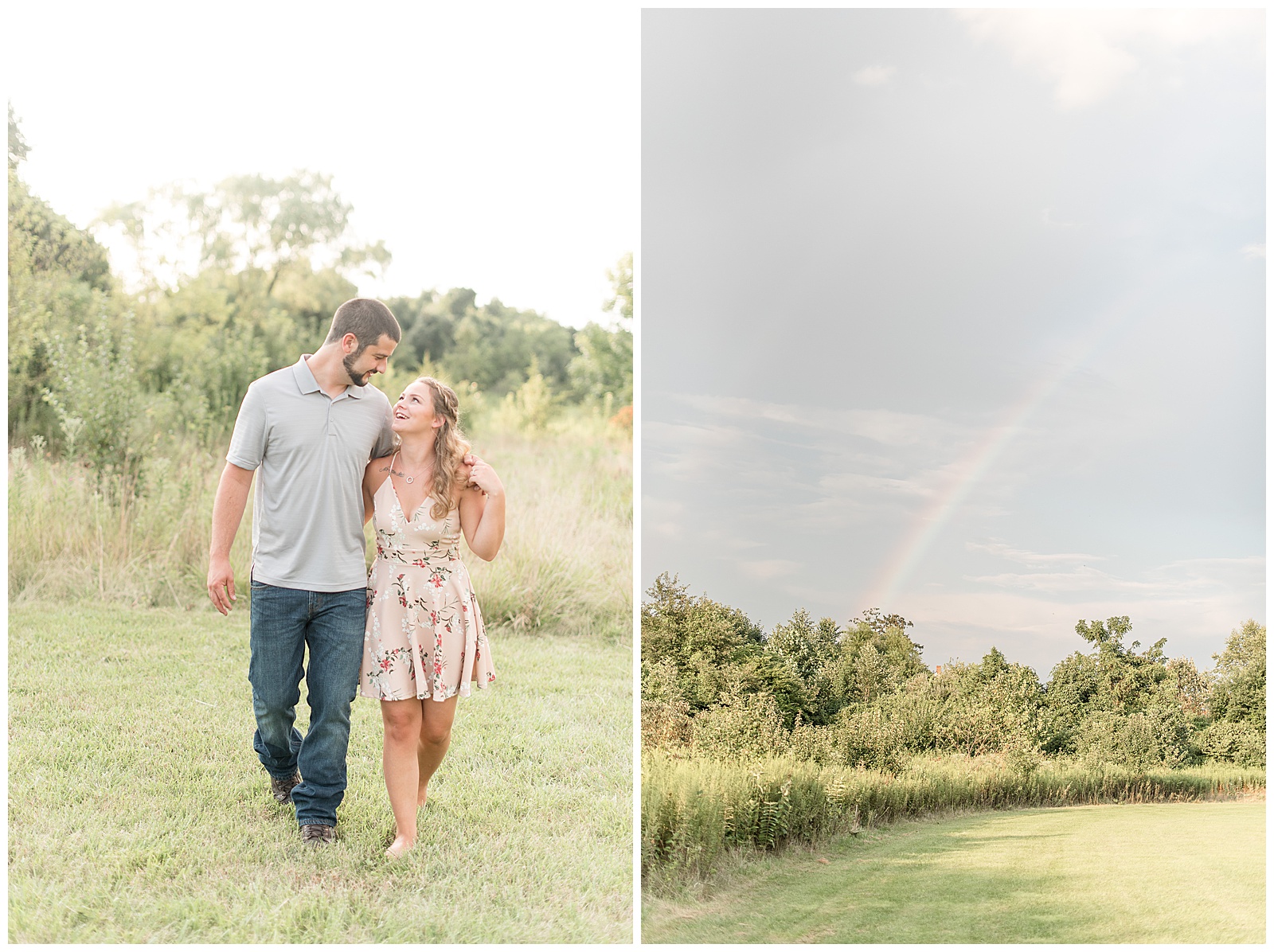 rainbow and couple walking in front of tall wild grasses
