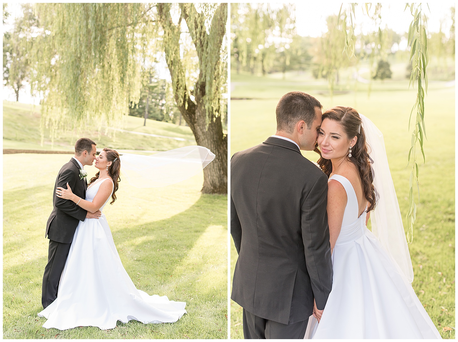 bride and groom portraits in the willow trees at Lancaster Country club