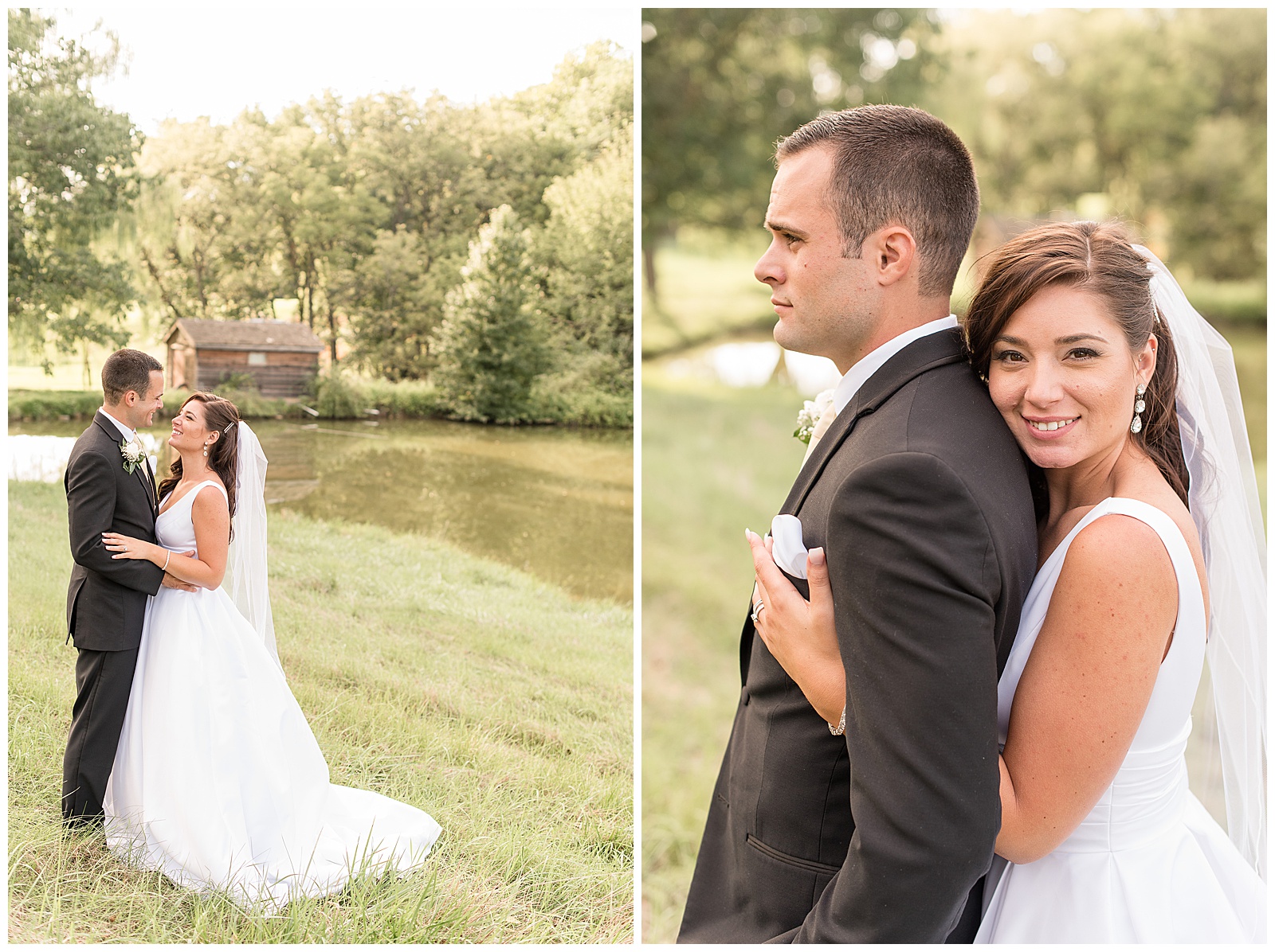 bride and groom looking at each other in field in front of pond