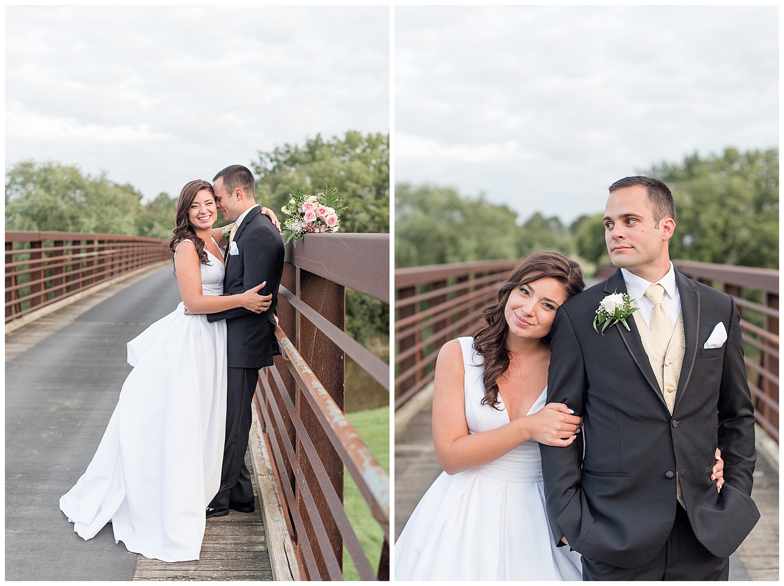 husband and wife portraits on the bridge over the golf course at Lancaster Country Club