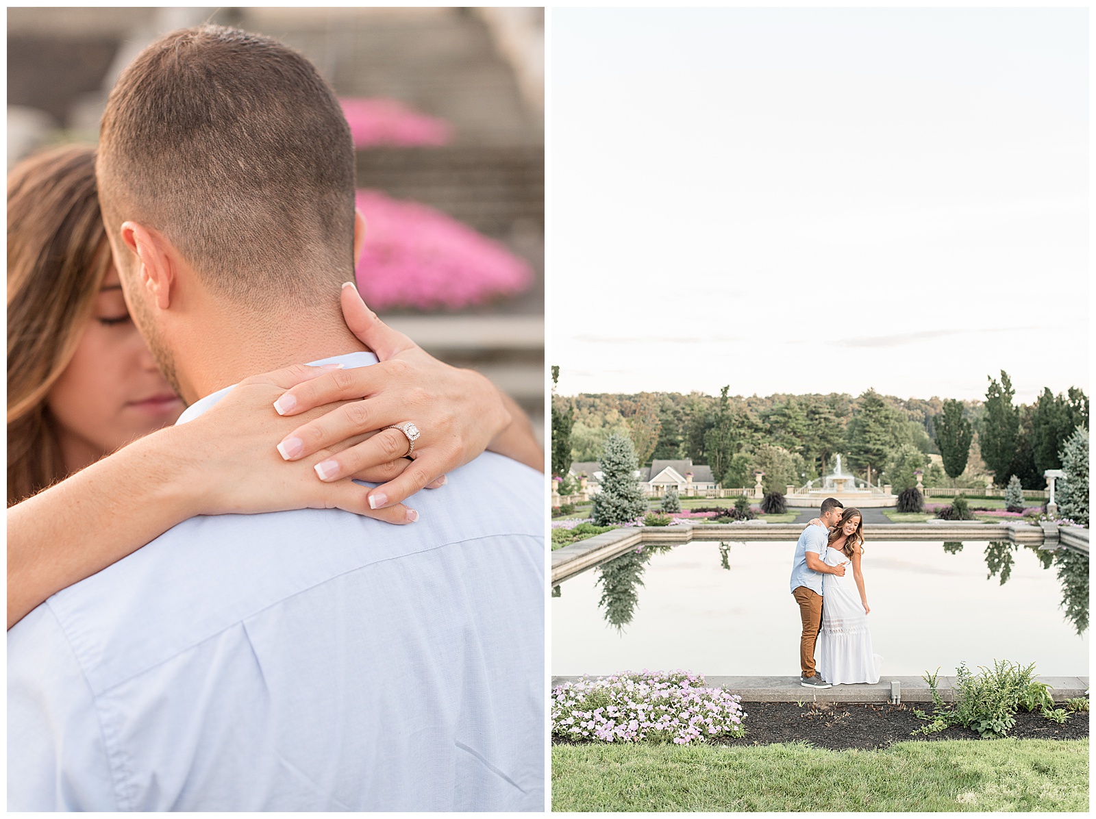 ring shot and couple standing in front of ponds at Masonic Village formal garden
