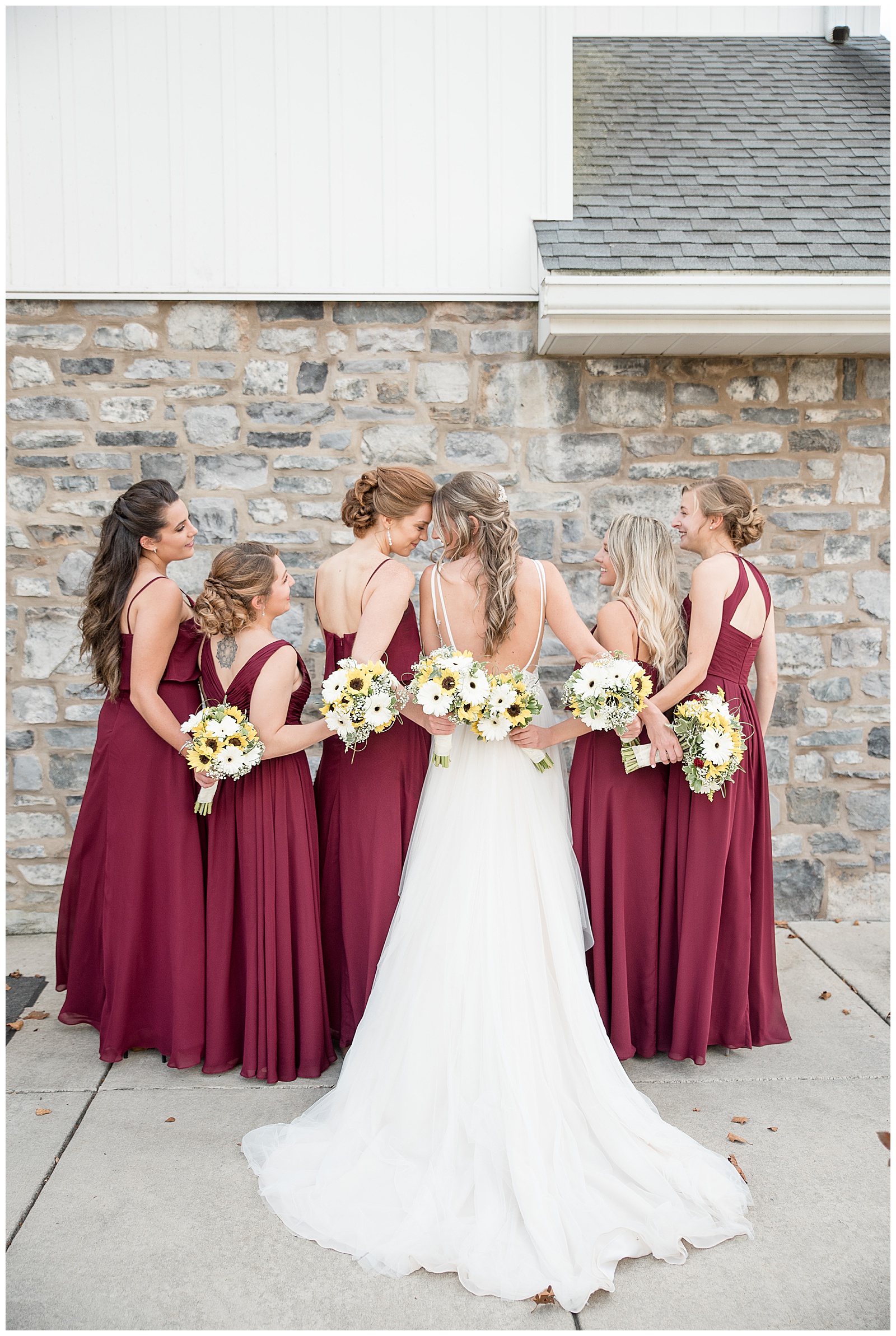 shot of bridesmaids back of dresses with bride and maid of honor touching heads