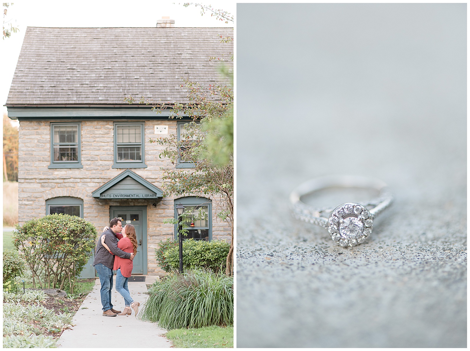 Engagement Session Photos at Lancaster County Park in front of old stone building kissing