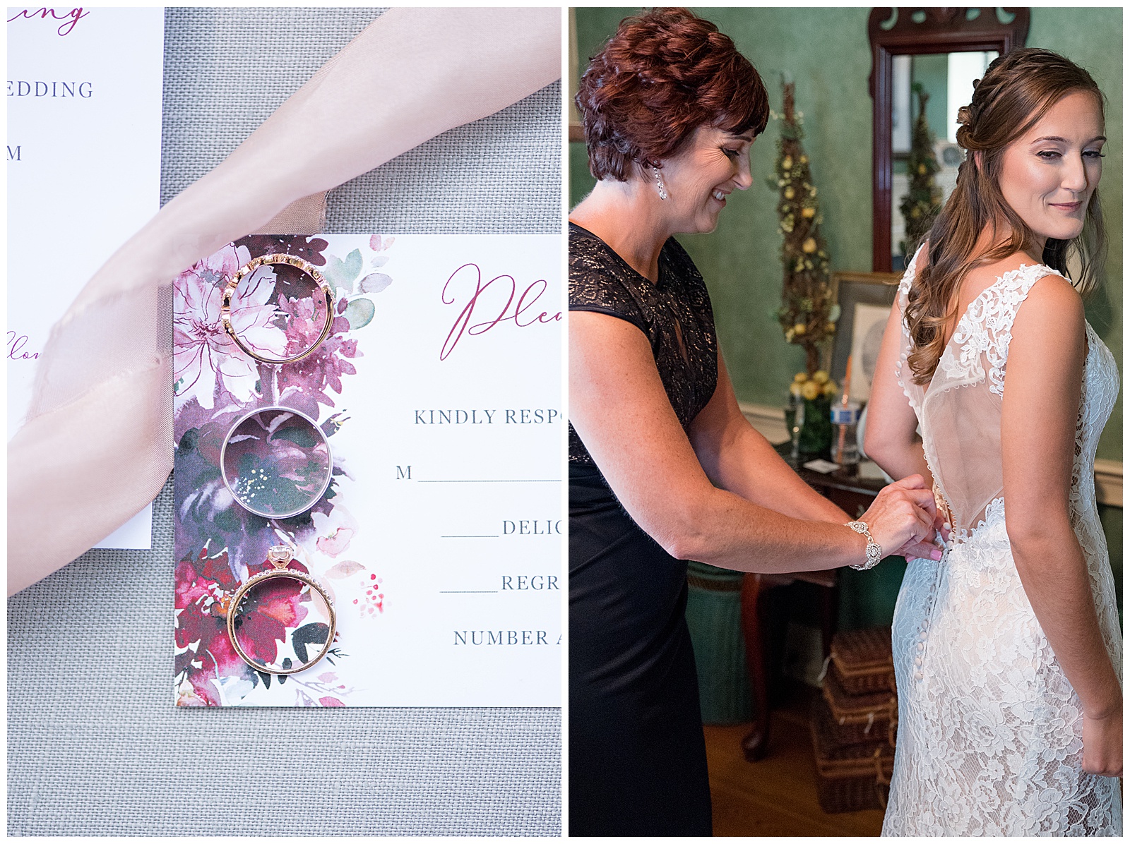 mother of bride buttoning up brides dress