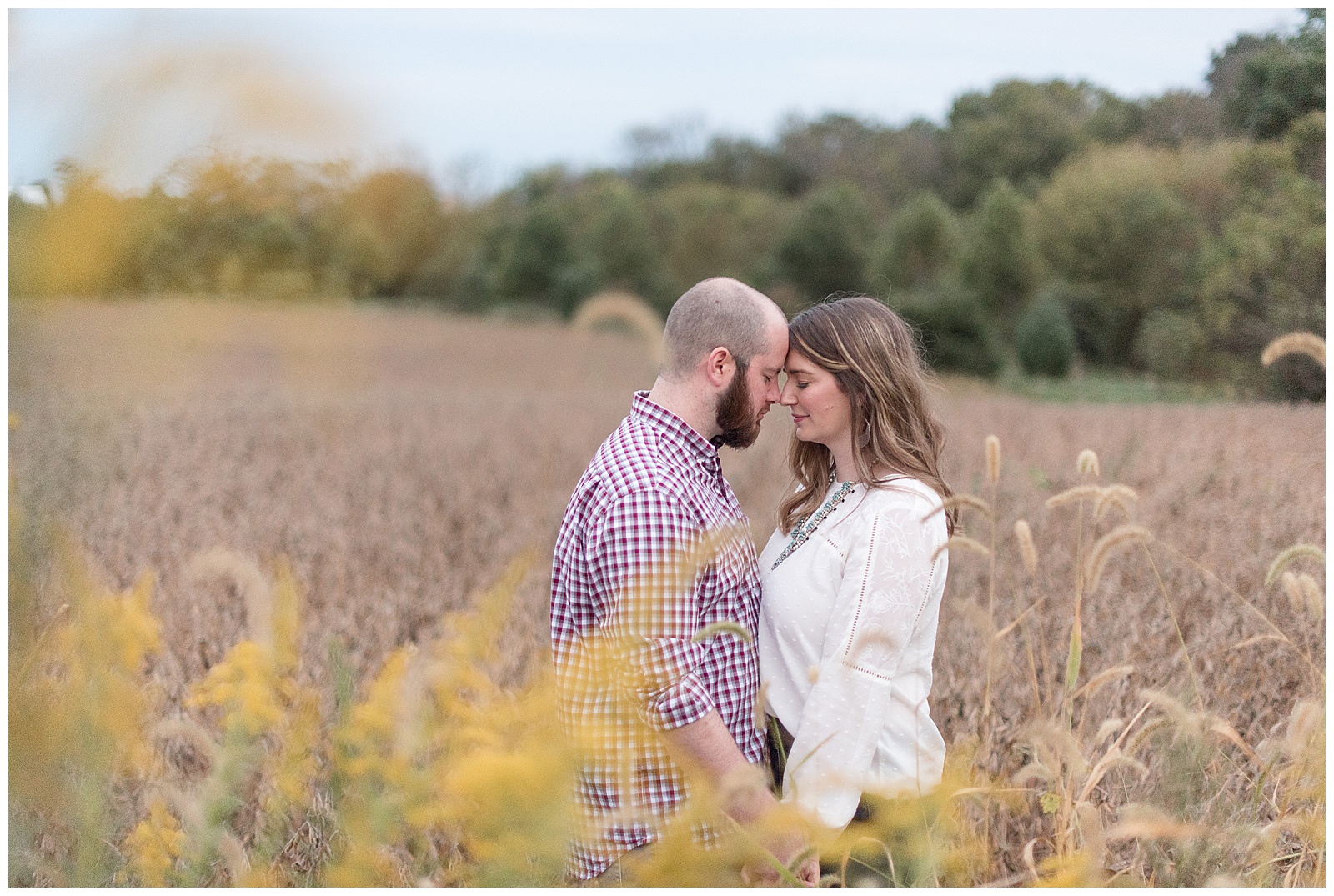 couple in a soy bean field with foreheads touching and eyes closed
