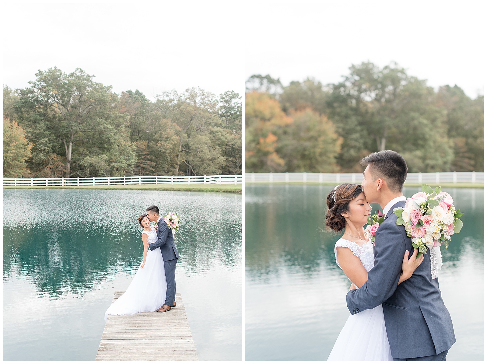 bride and groom portraits on dock of lake at Pond View Farms