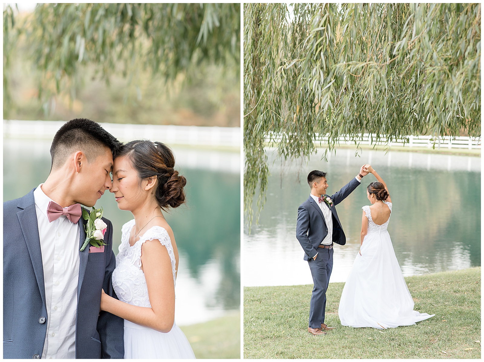 bride and groom dancing under willow tree