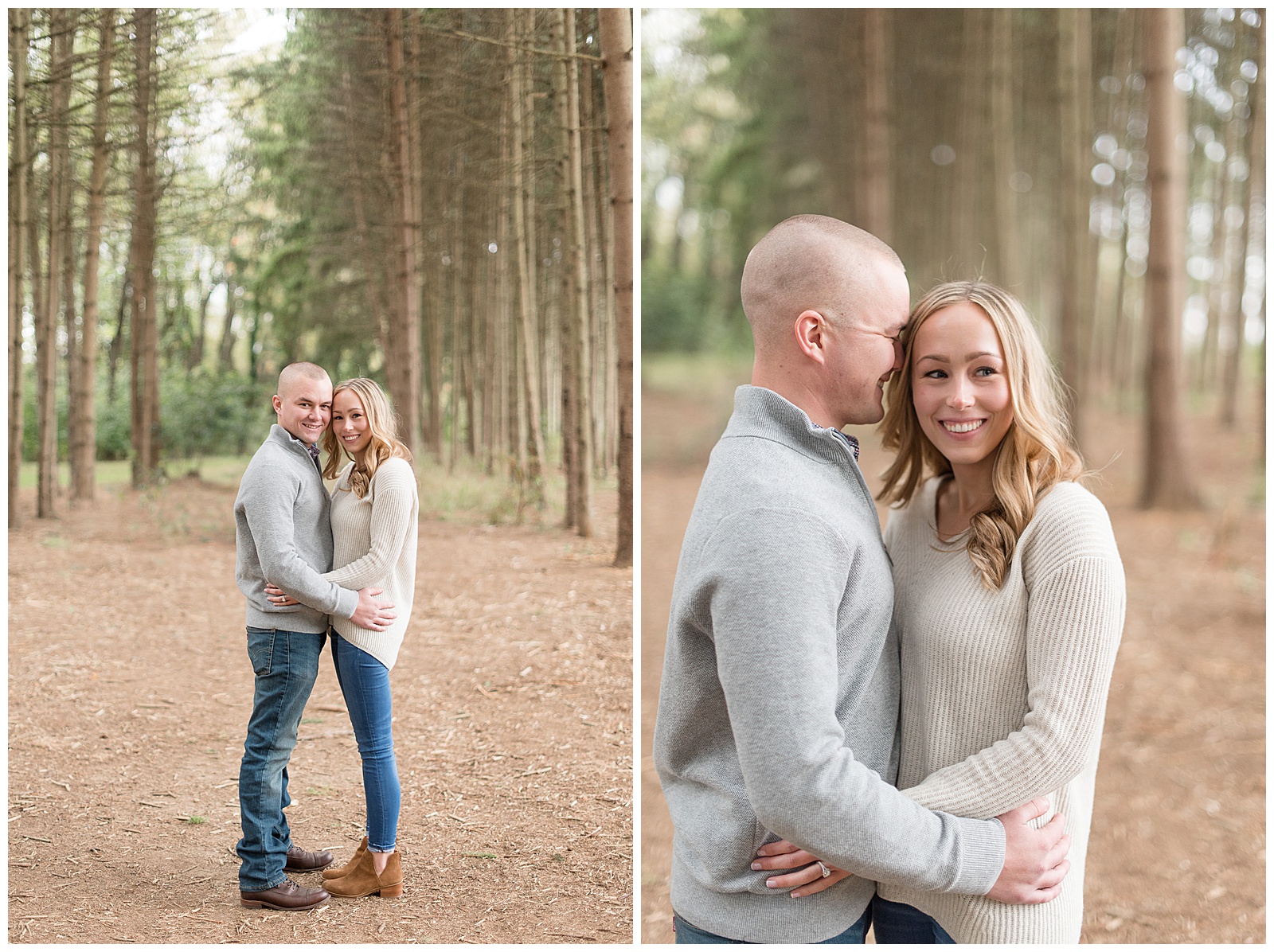 engagement session in lane sourrounded by rows of pine trees