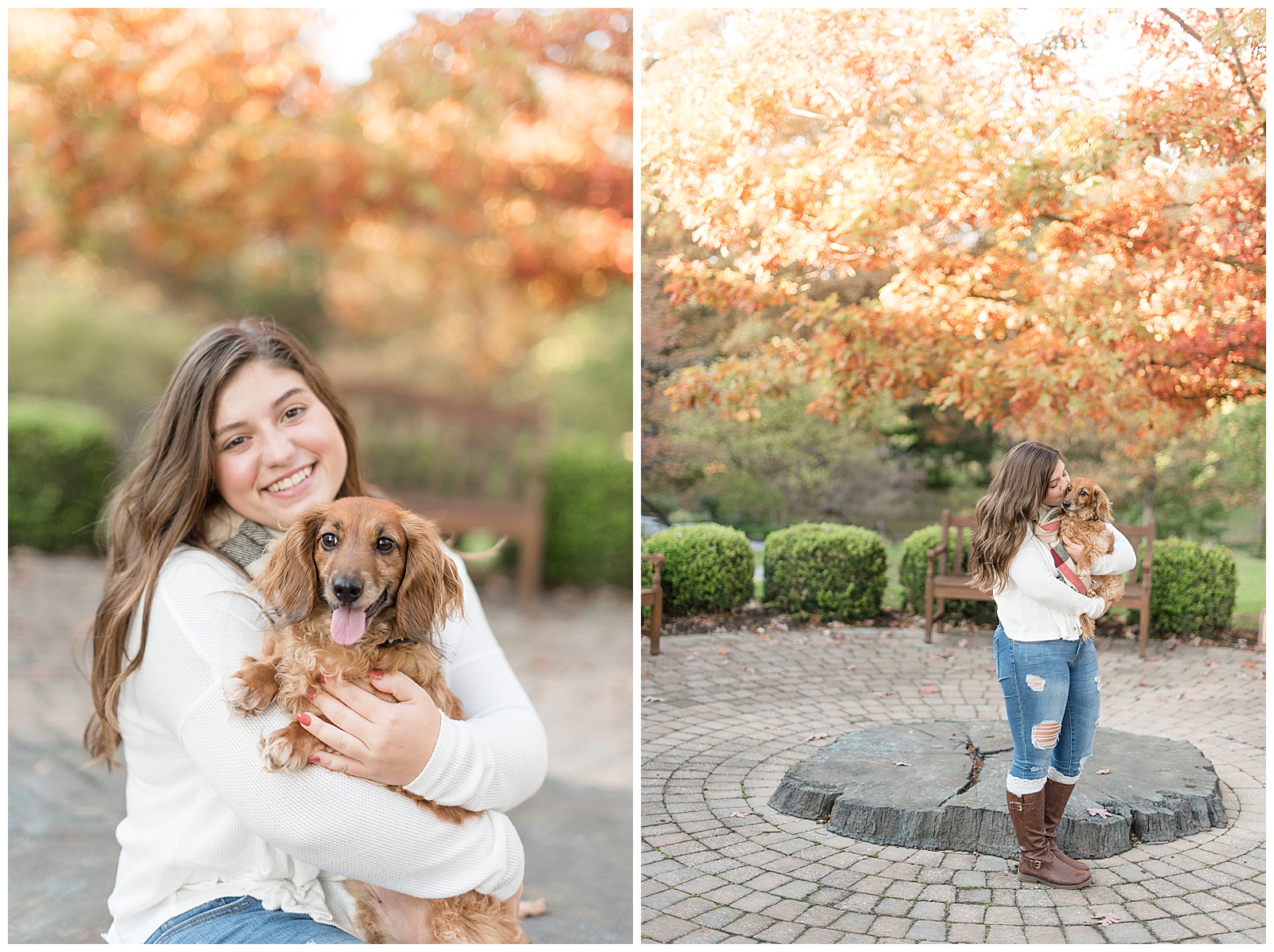 senior girl photos with her puppy with fall leaves behind