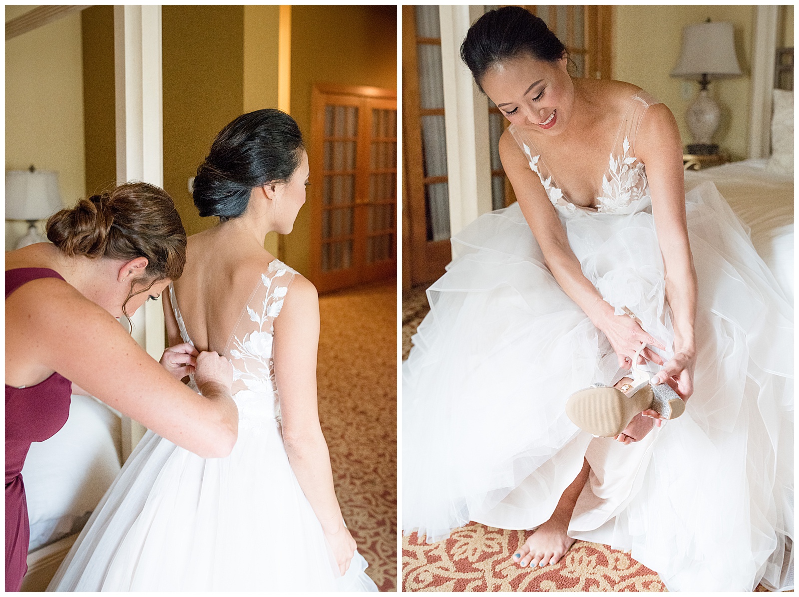 bride getting ready with help from maid of honor