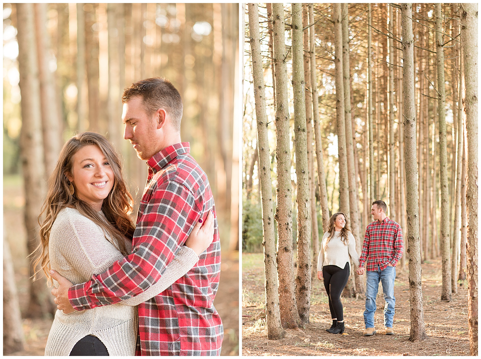 engagement session in a forest of pine trees