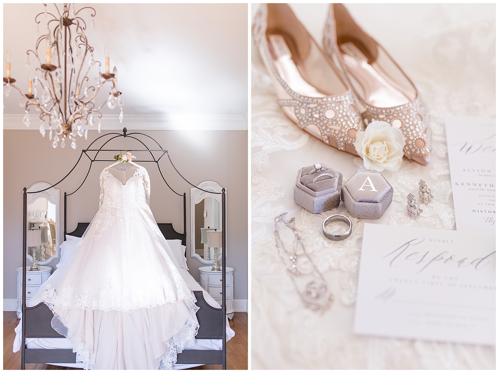 dress hanging off bed frame, bridal details