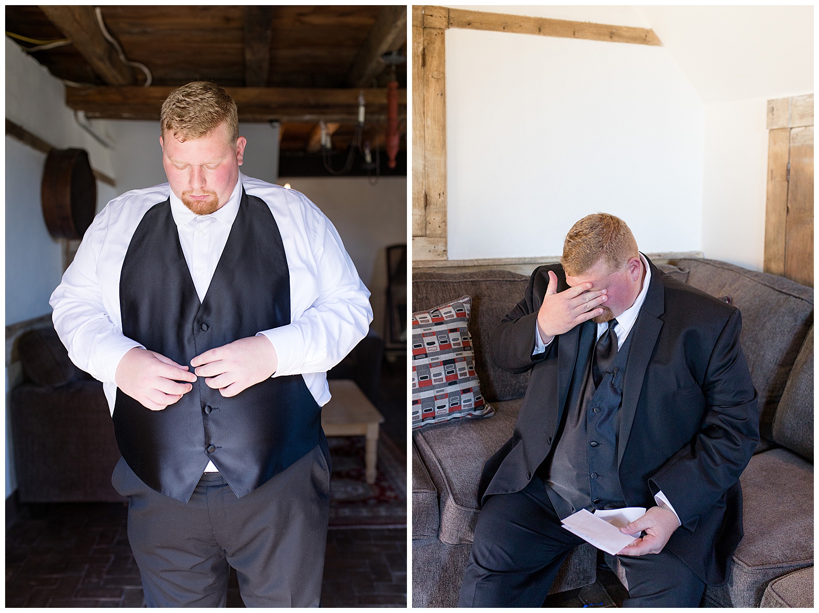 groom getting ready, reading letter from bride and tearing up