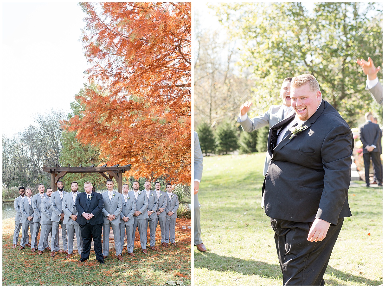 groomsmen in gray suits standing in "flying V" formation, groom smiling