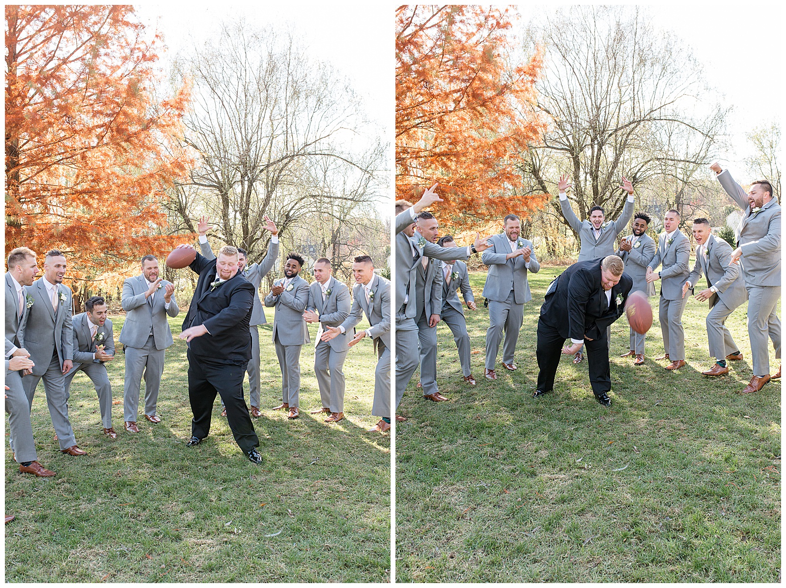 groom "slamming" a football to the ground with groomsmen behind