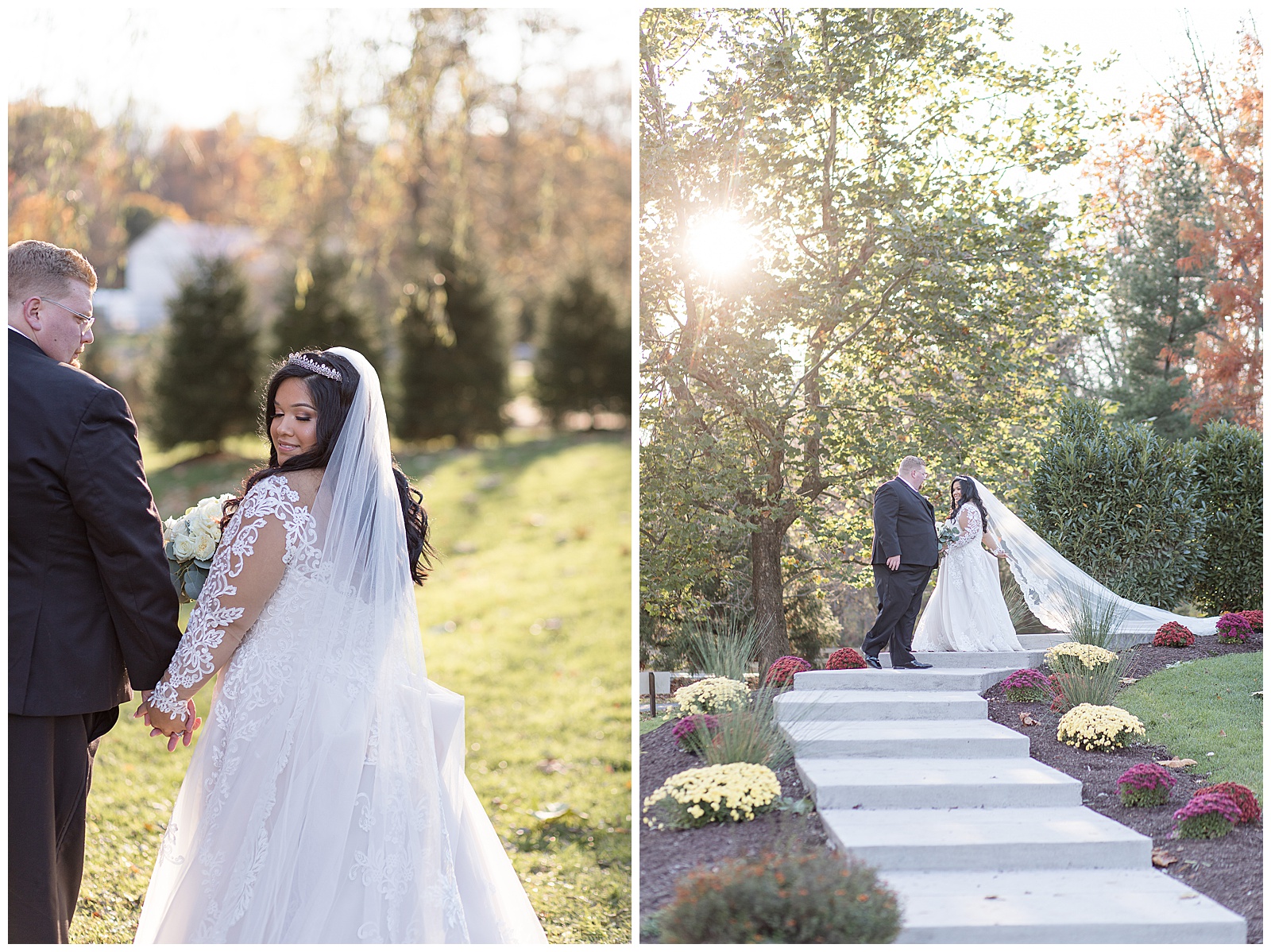 bride and groom portraits with fall leaves behind