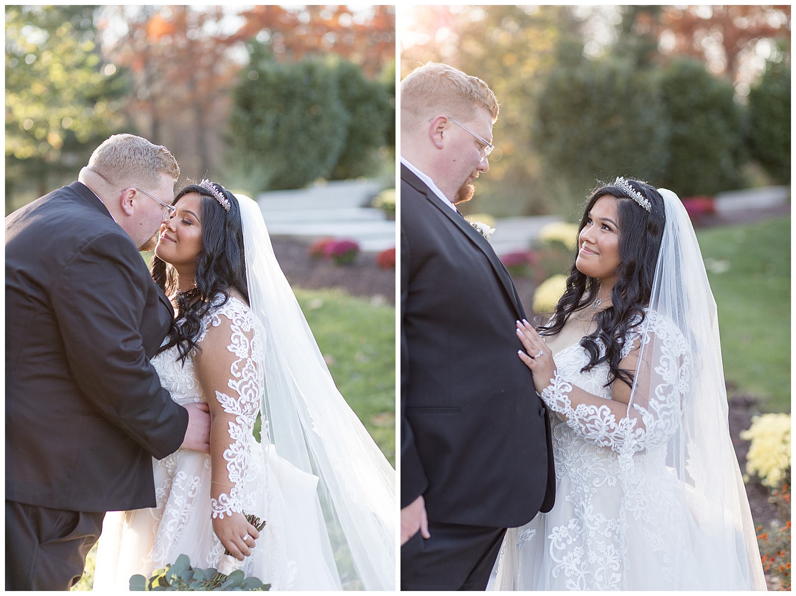 bride and groom portraits, fall trees, couple looking at each other and touching noses