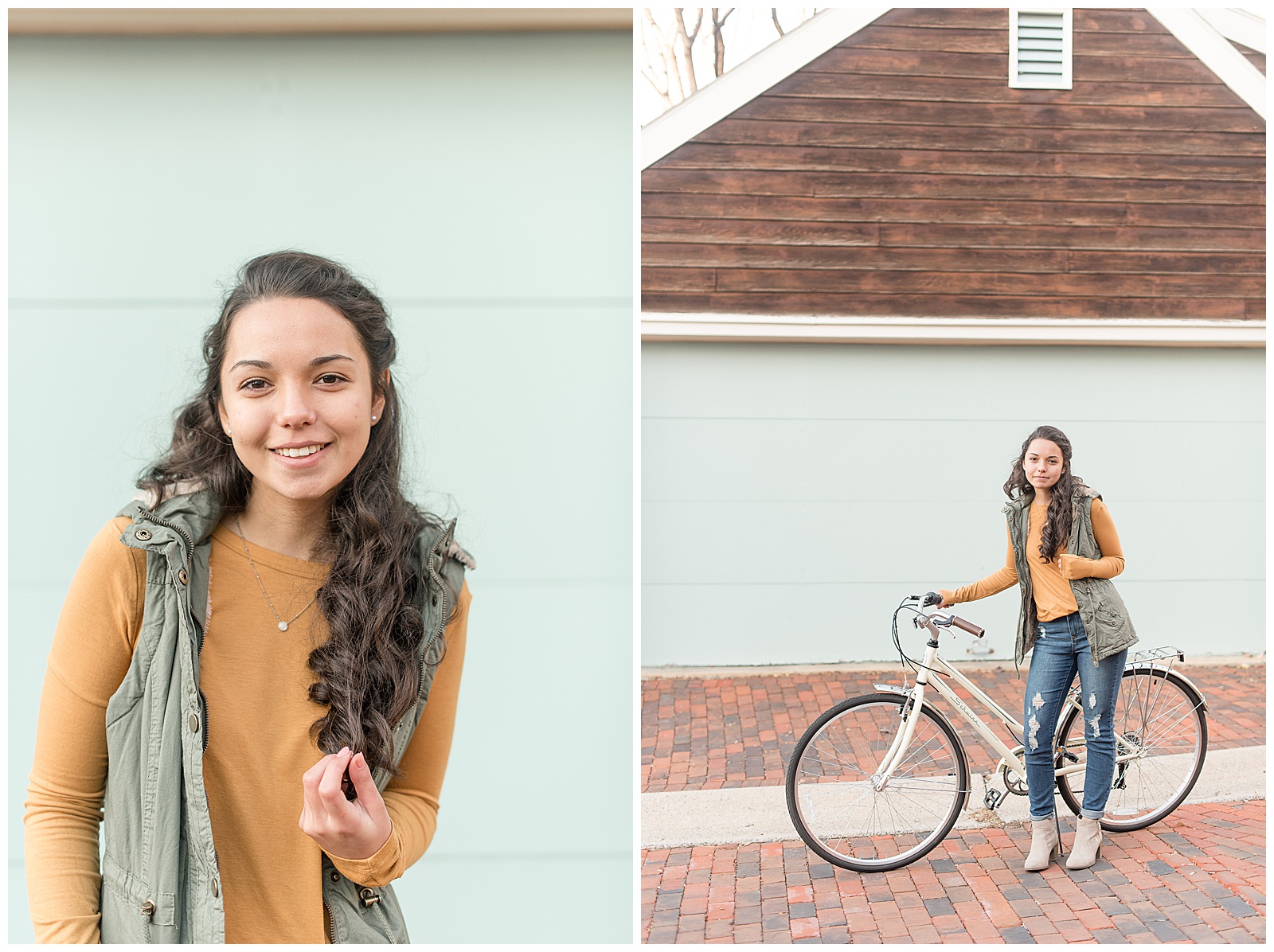 senior girl standing with light yellow bike in front of light blue garage door