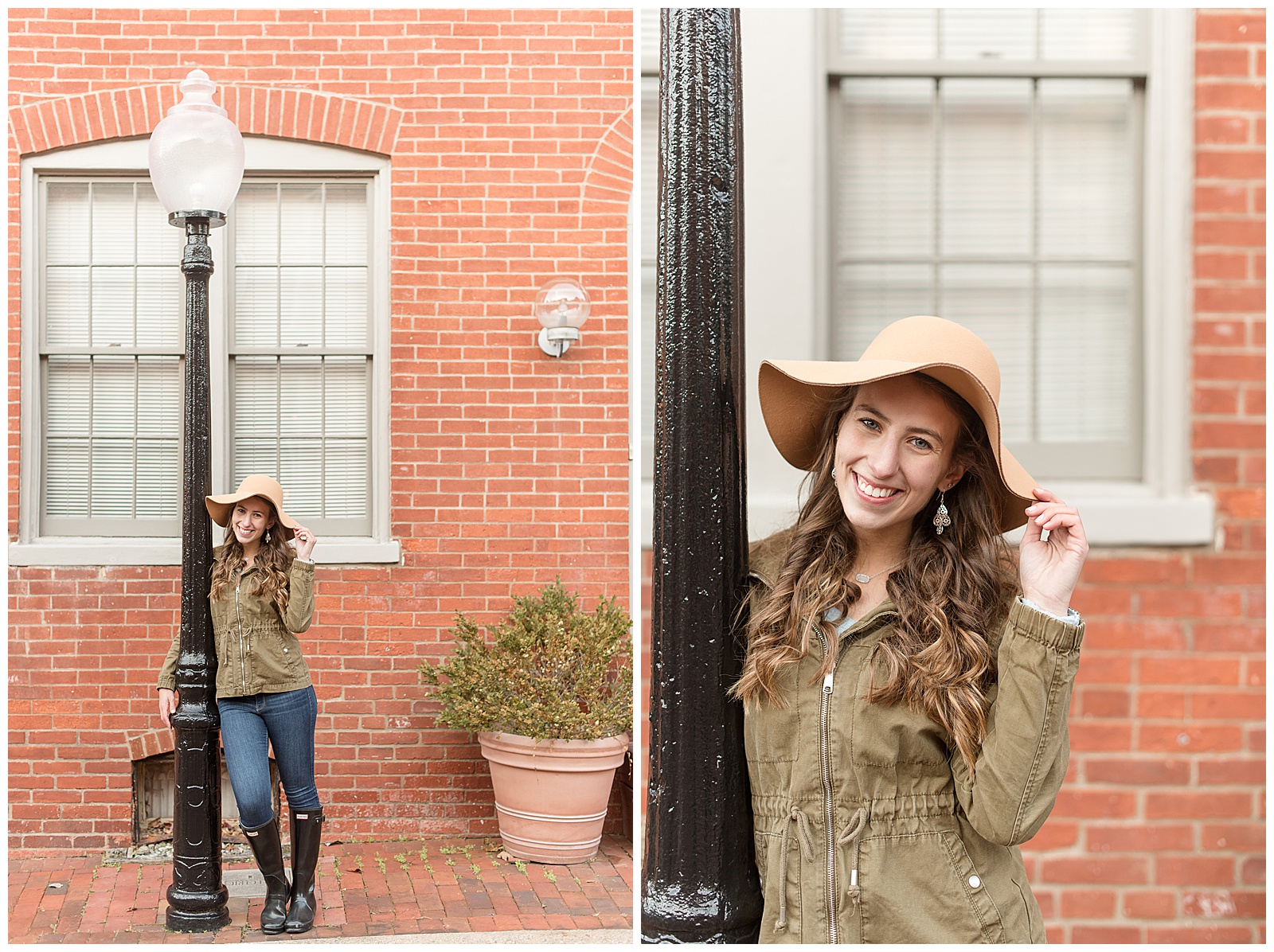 senior girl holding on to floppy hat and standing beside street lamp post