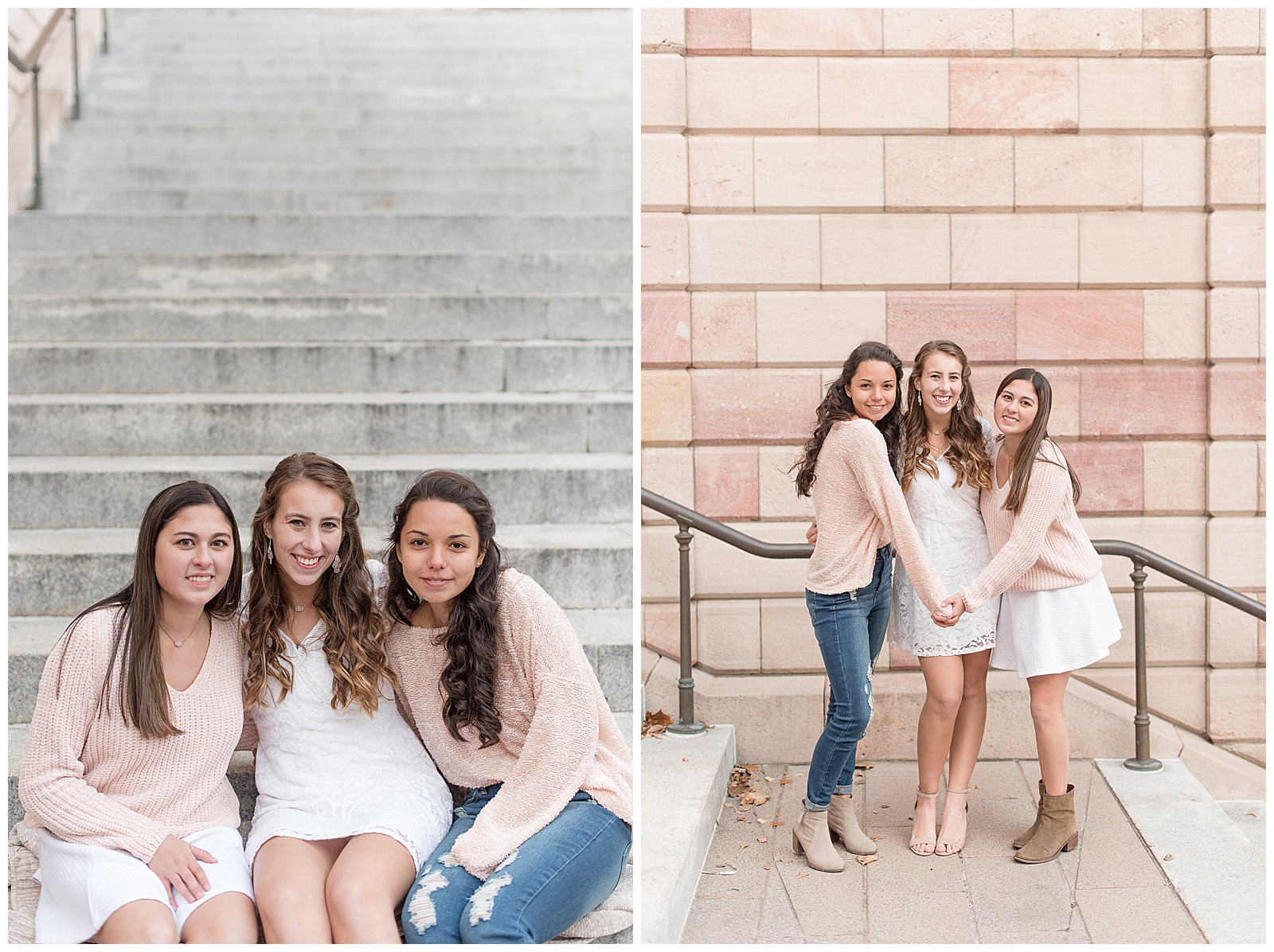 senior girls smiliing to camera on Lancaster Courthouse stairs