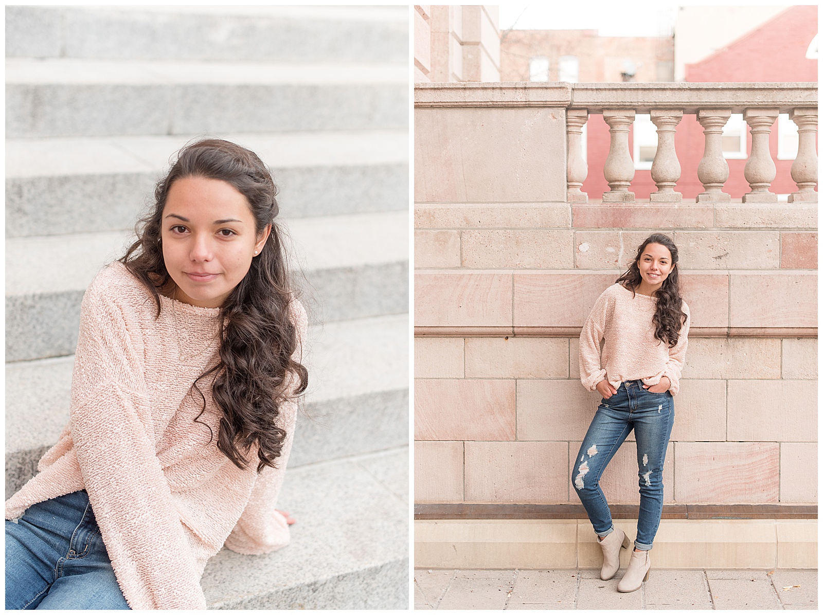 senior girl in light pink sweater and jeans for senior session in Lancaster City