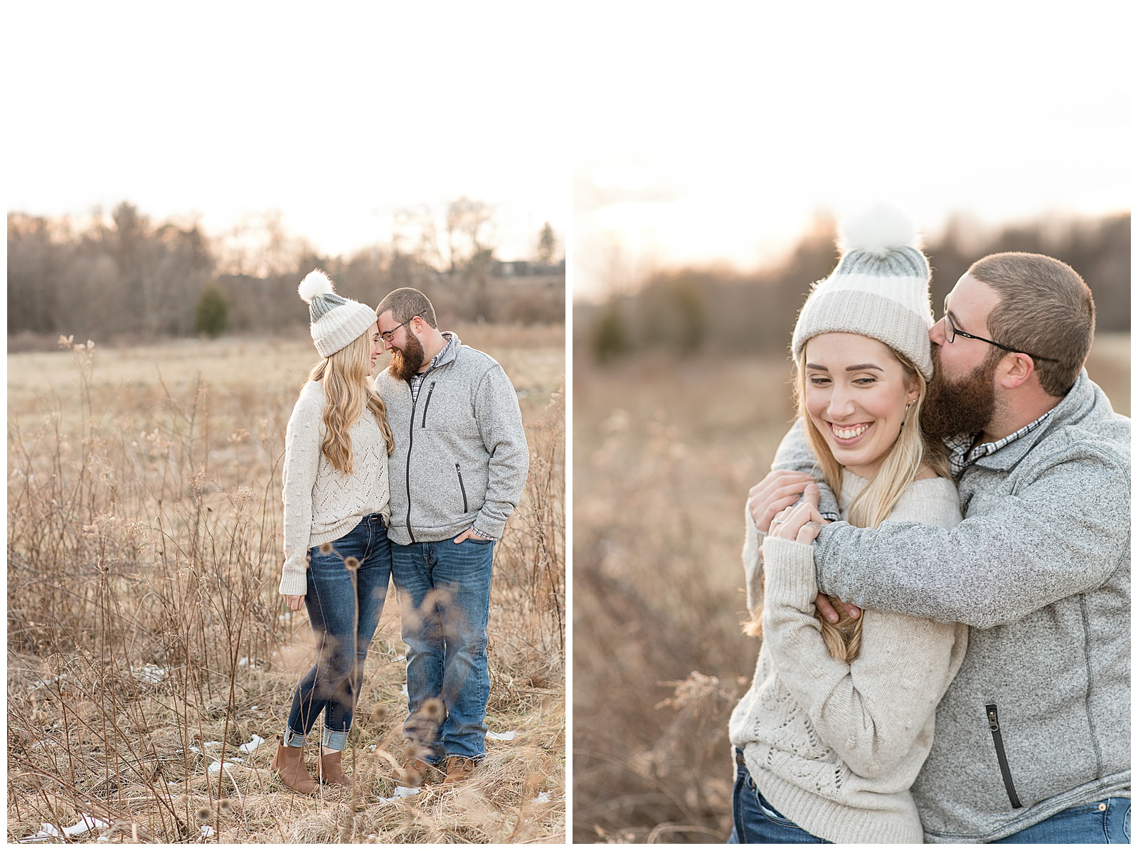 couple in a field of tall grasses, girl has on white winter hat