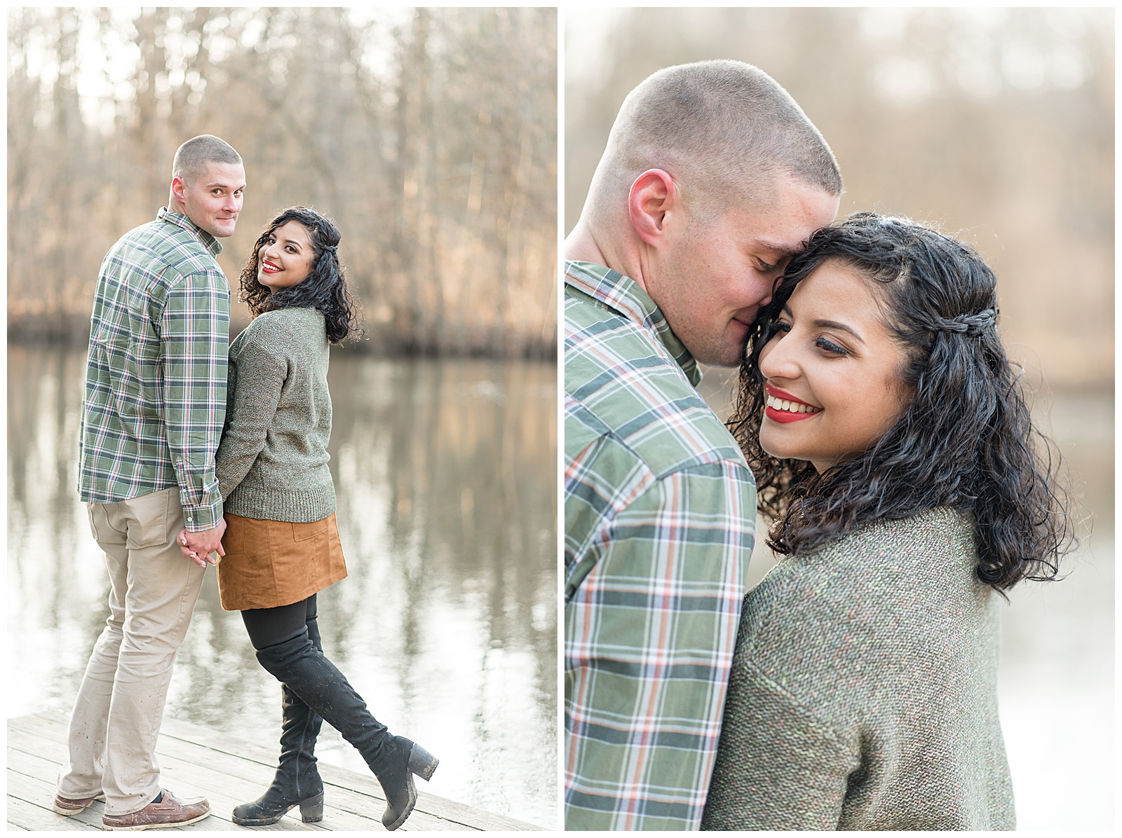 Couple having engagement photos on dock of pond at Nolde Forest