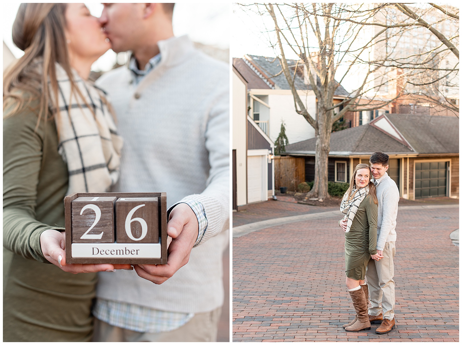 couple holding wedding date out of wood blocks as they share a kiss