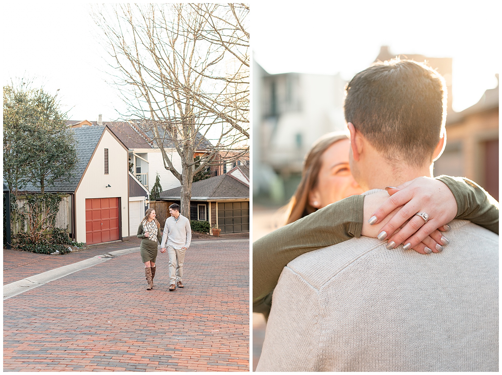 couple walking on cobblestone road holding hands