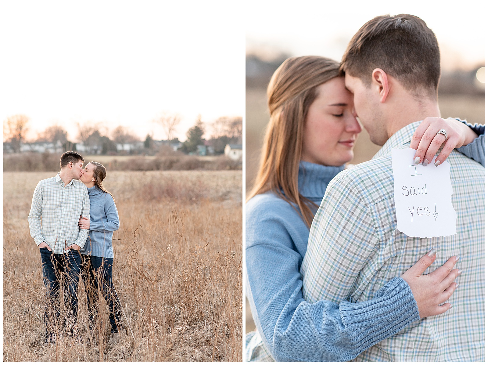 couple wrapped in each others arms as girl holds a note that says "I said Yes"