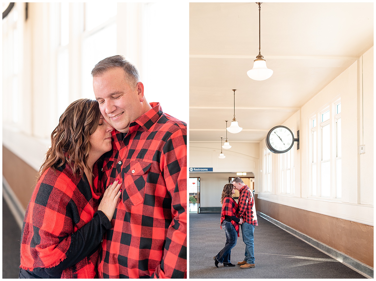 couple in plaid matching colors for engagement session at Lancaster Train Station