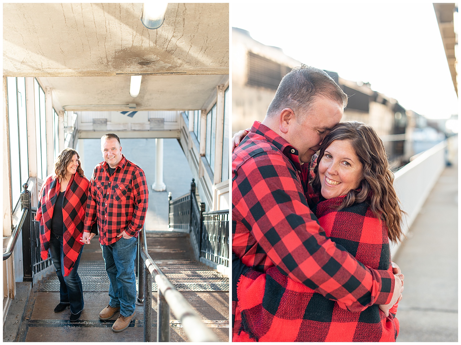 engagement session with couple in plaid clothes at Lancaster Train Station