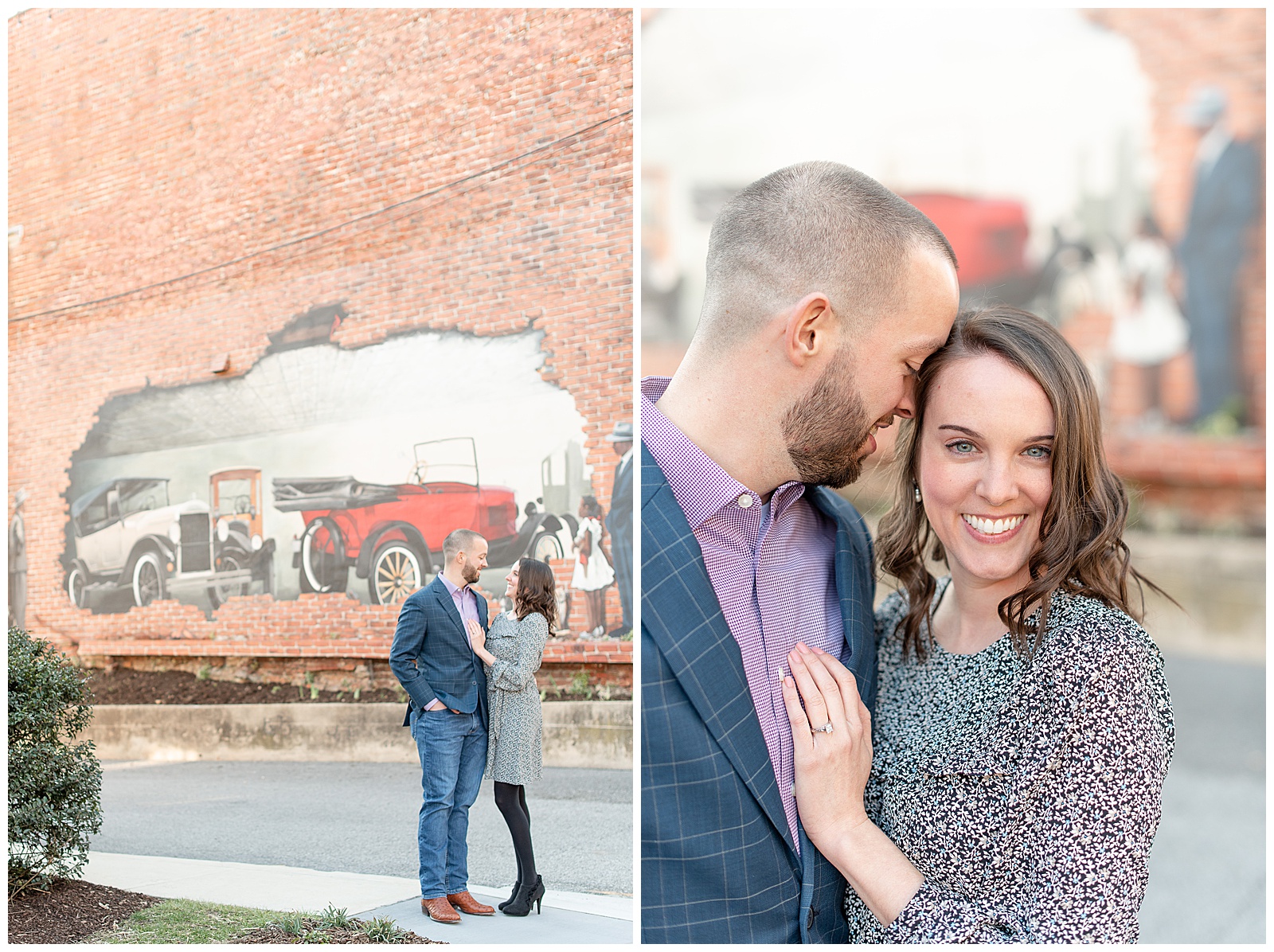 engagement session photos in fron of car mural in Ellicott City, Maryland