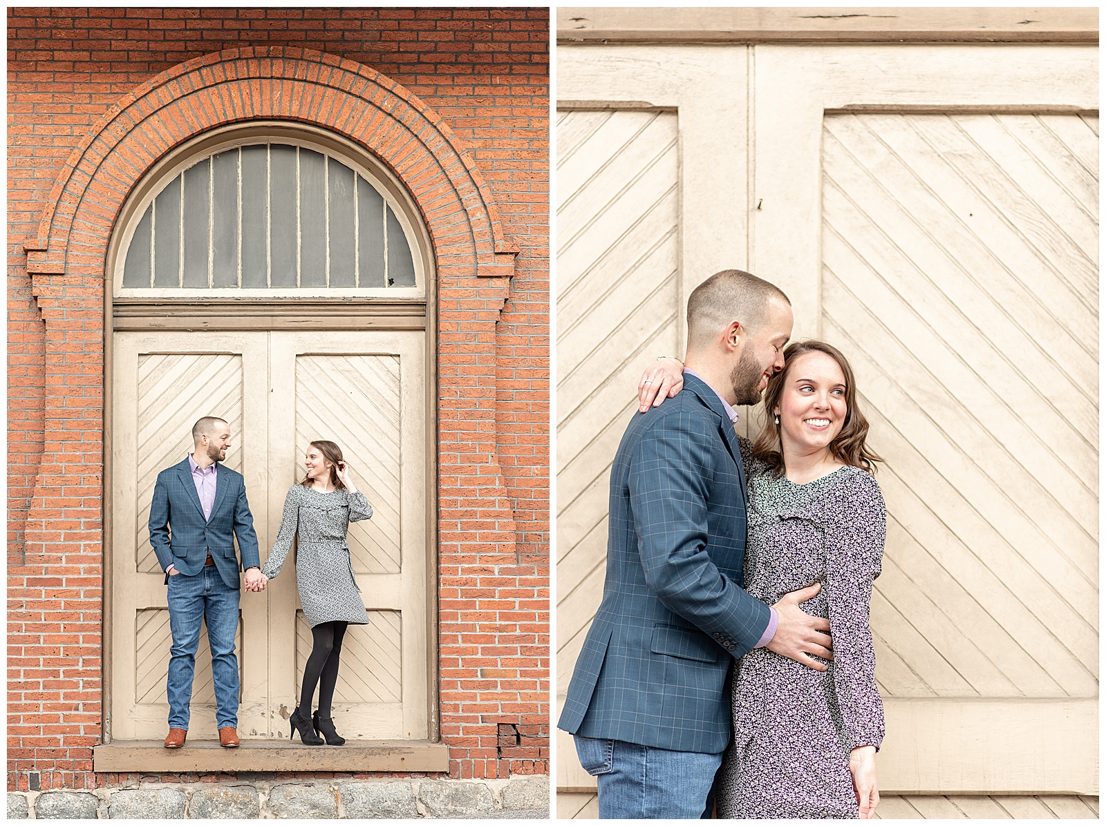 couple standing in front of light yellow door with an arch in a brick wall