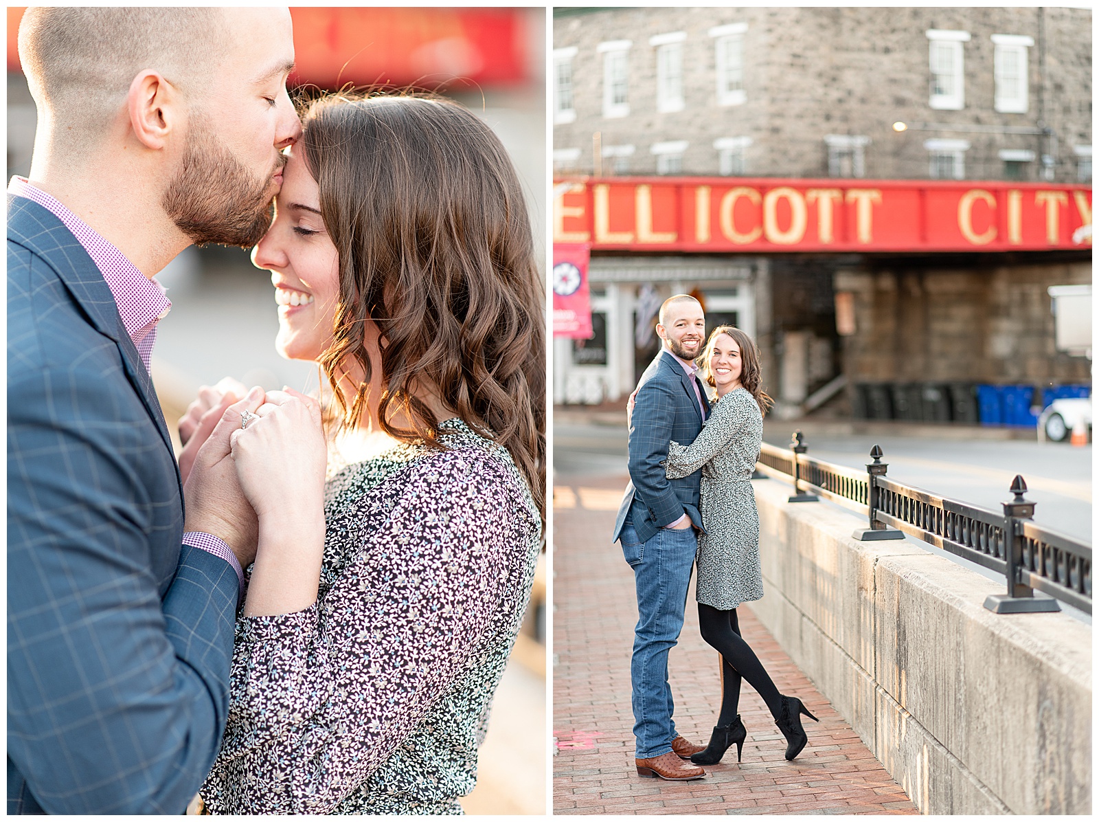 couple's engagement photos in front of famous Eillicott City sign