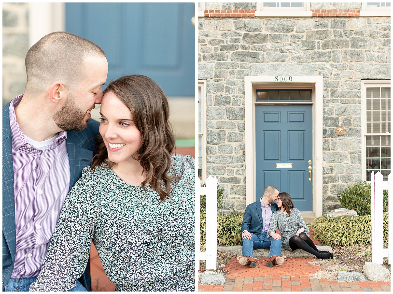 couple sitting on front step of a stone home with a blue door behind them and a white picket fence