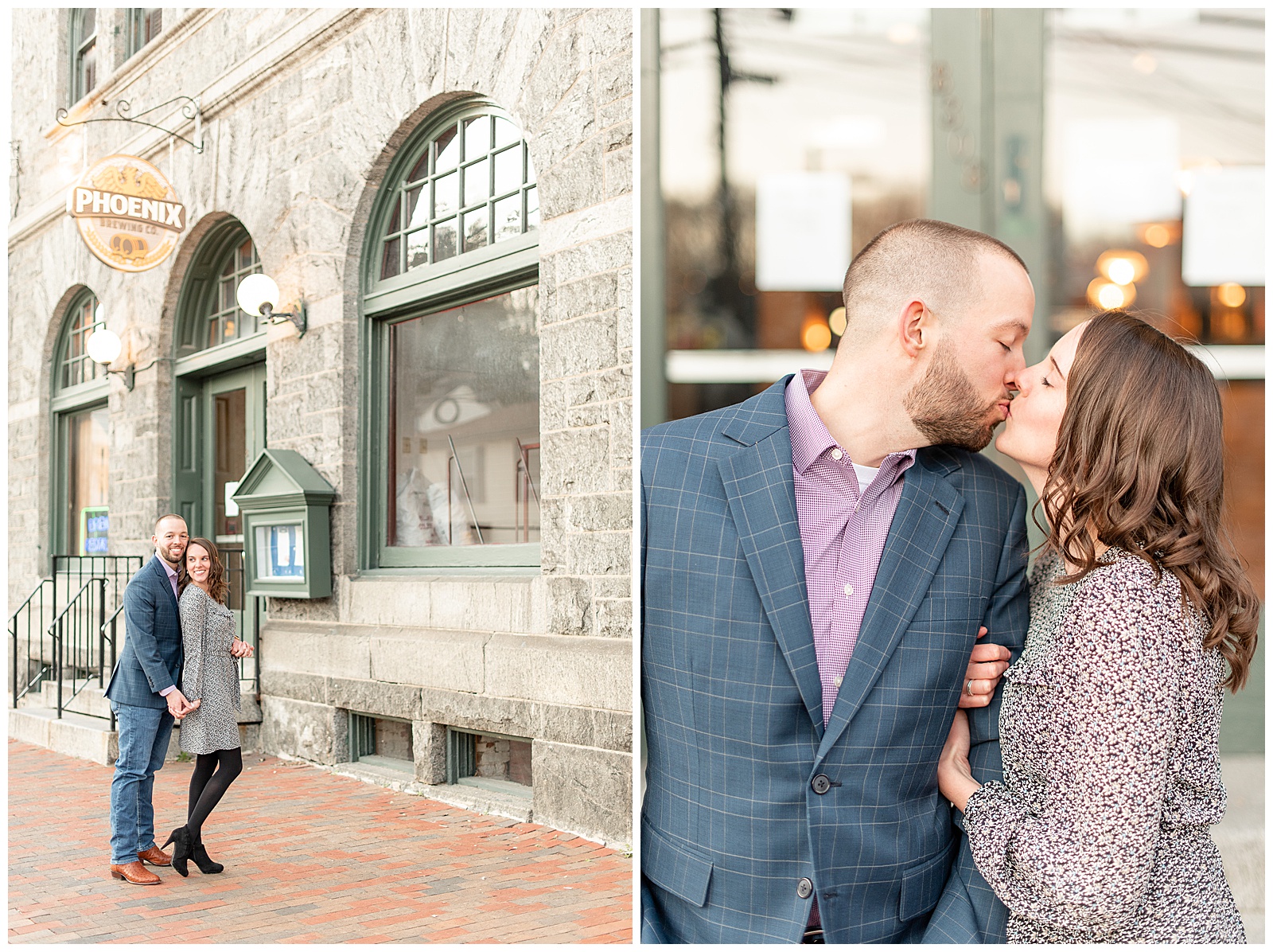 couple kissing in front of restaurant where they shared their first date in Ellicott City, Maryland