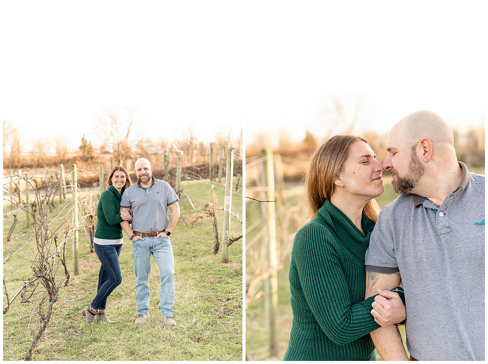 couple having photos in between the rows of vines