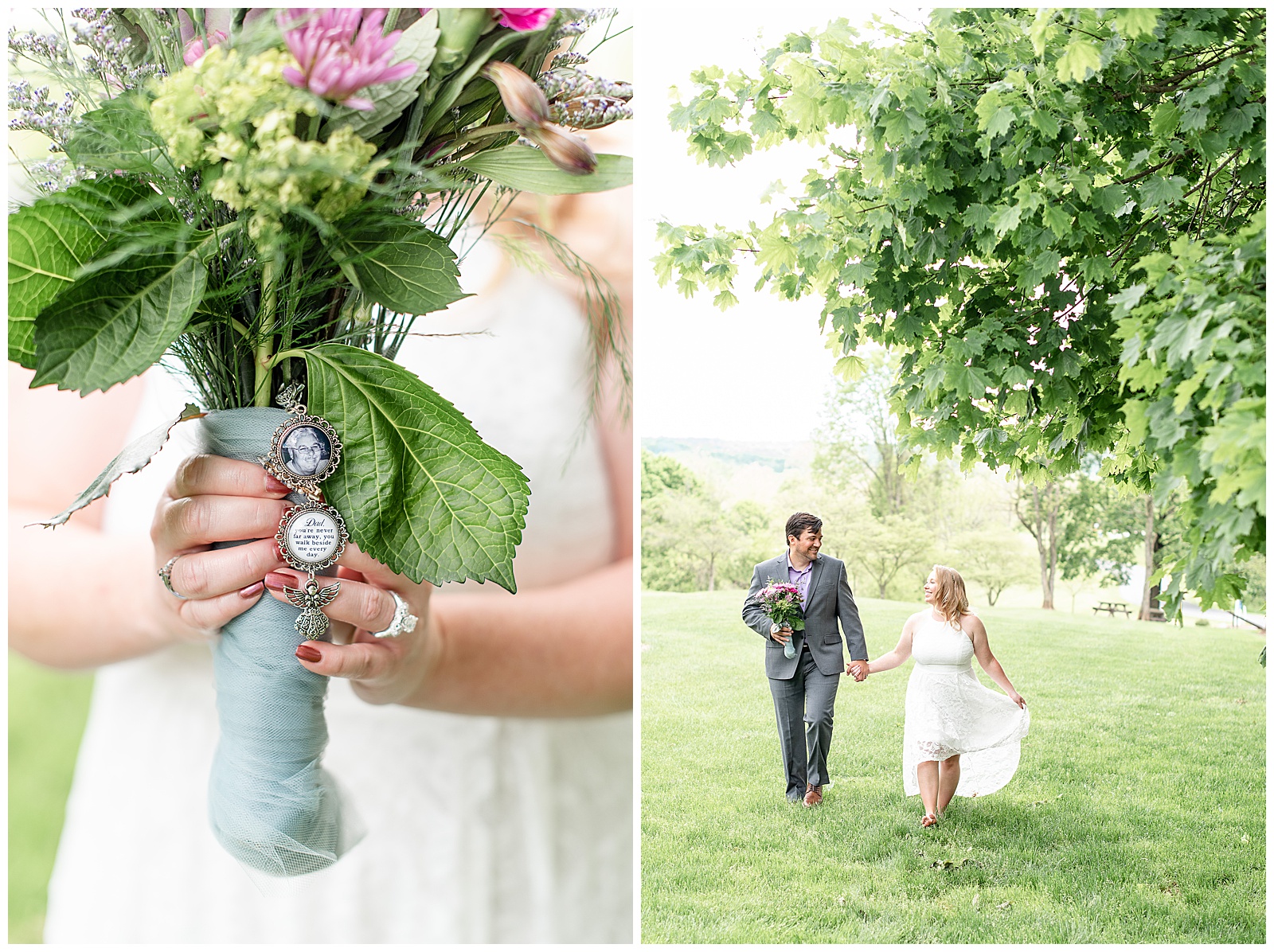 chain on bouquet with image of bride's father who passed and couple walking hand and hand looking at each other