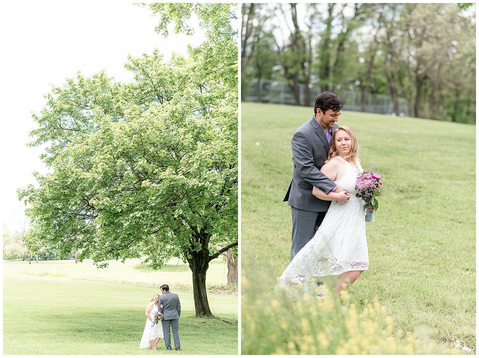 bride and groom portraits in a park
