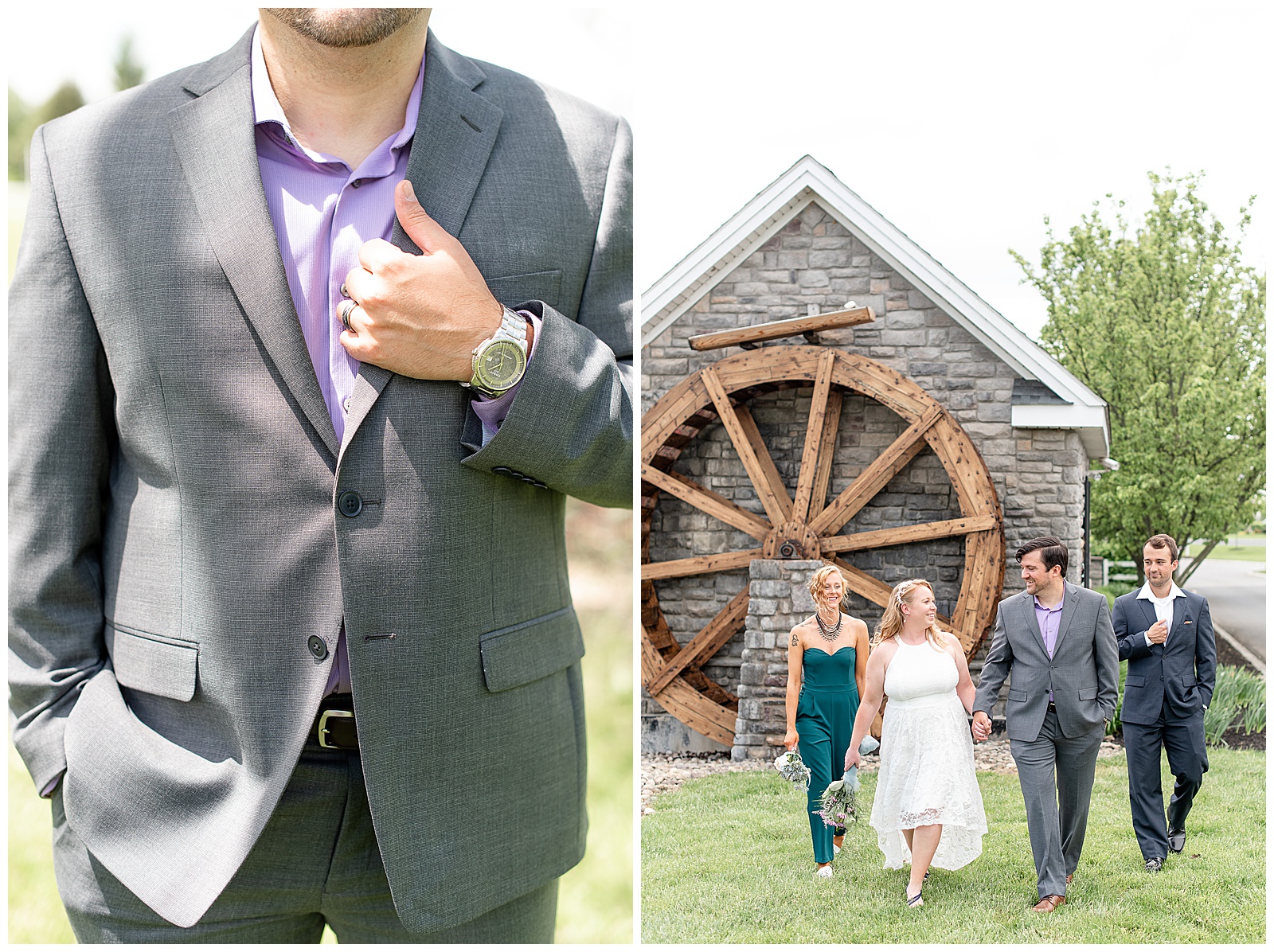 bridal party walking towards camera in front of large water wheel