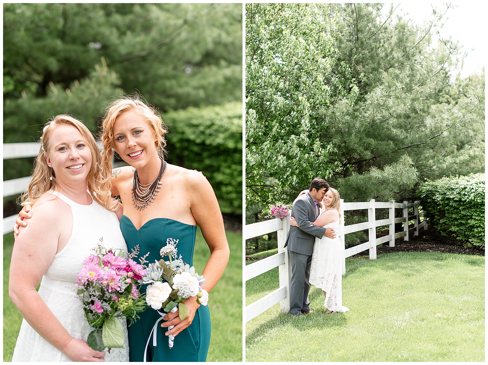 bride and maid of honor in green jumpsuit